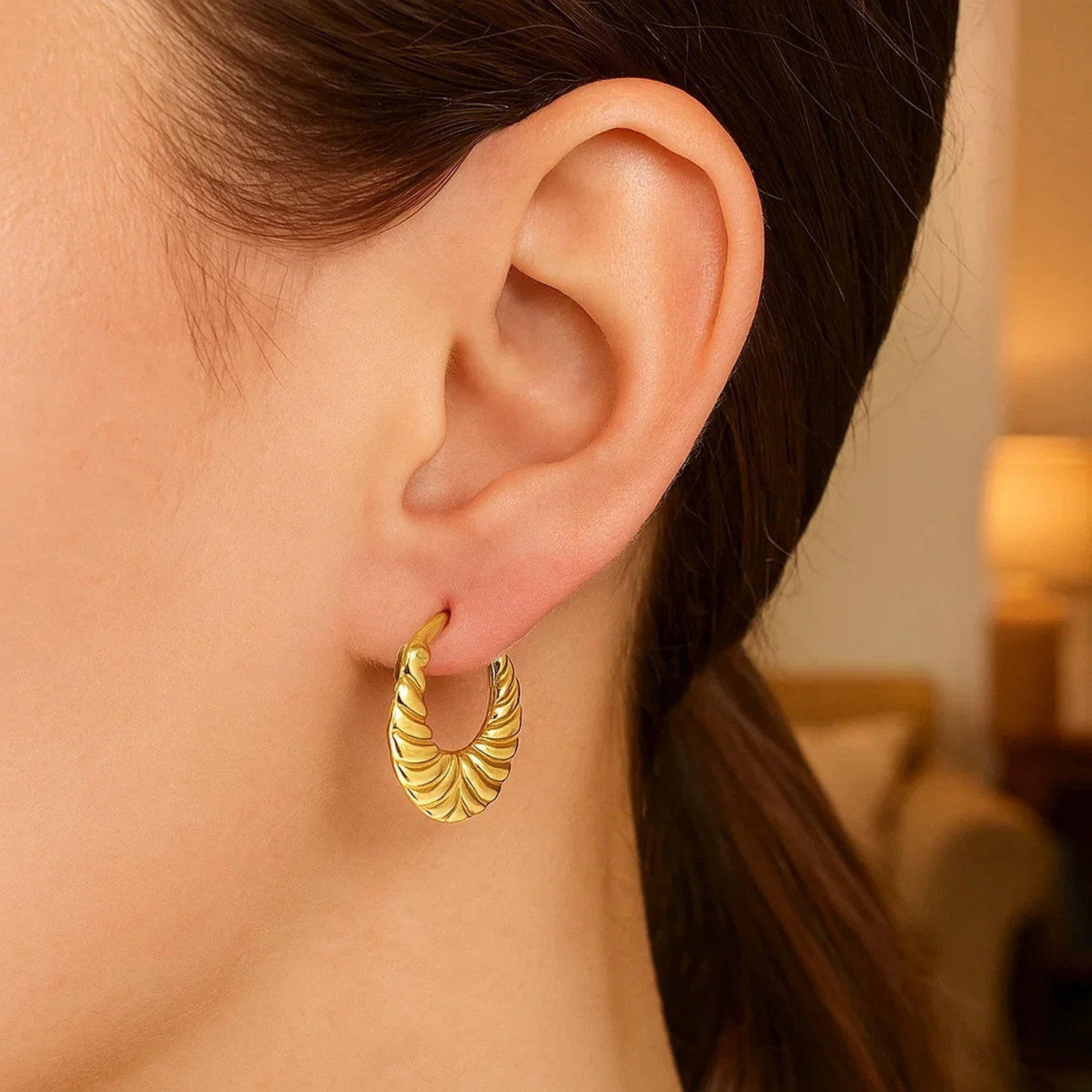 14K Yellow Gold Graduated Grooved Fancy Hoop Earrings - Image 2