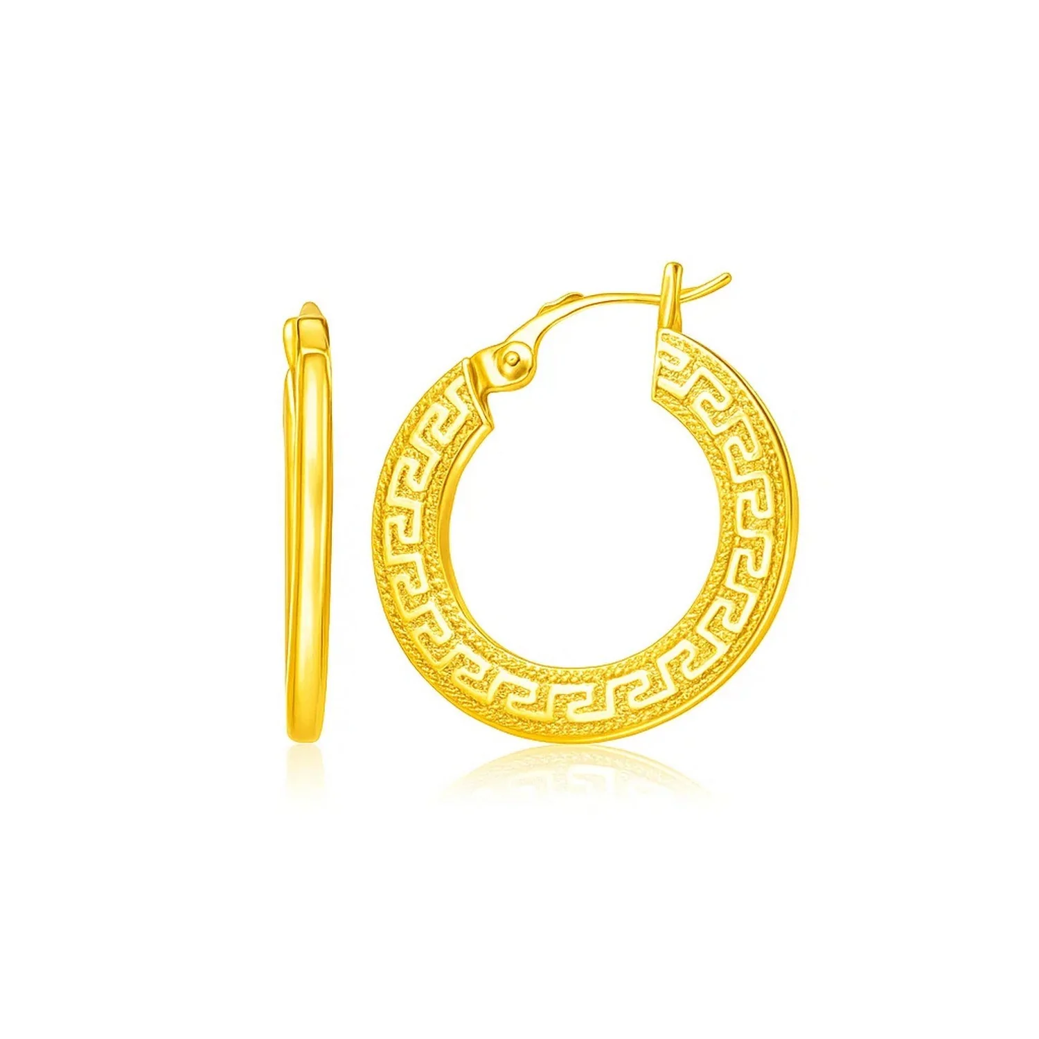 14k Yellow Gold Greek Key Medium Hoop Earrings with Flat Sides