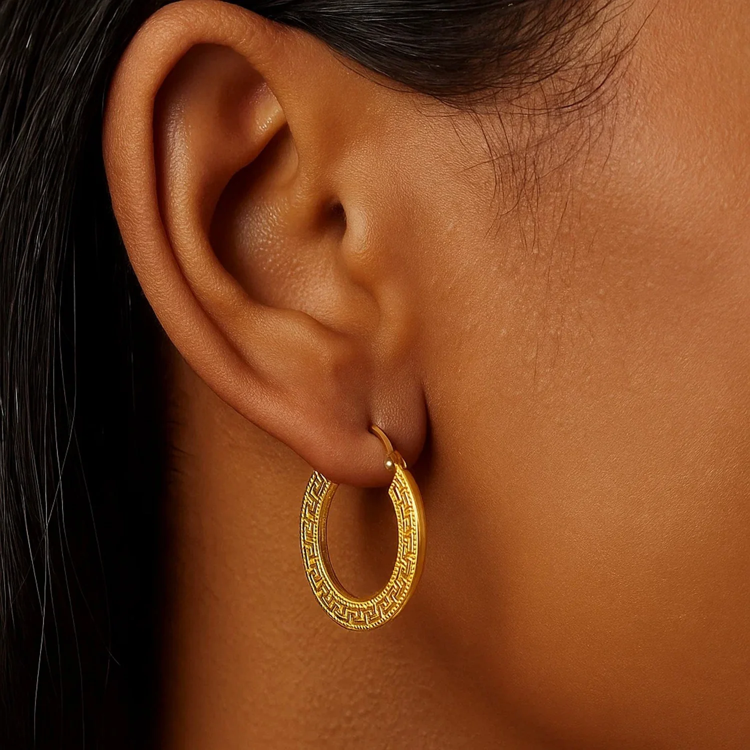 14k Yellow Gold Greek Key Medium Hoop Earrings with Flat Sides - Image 2