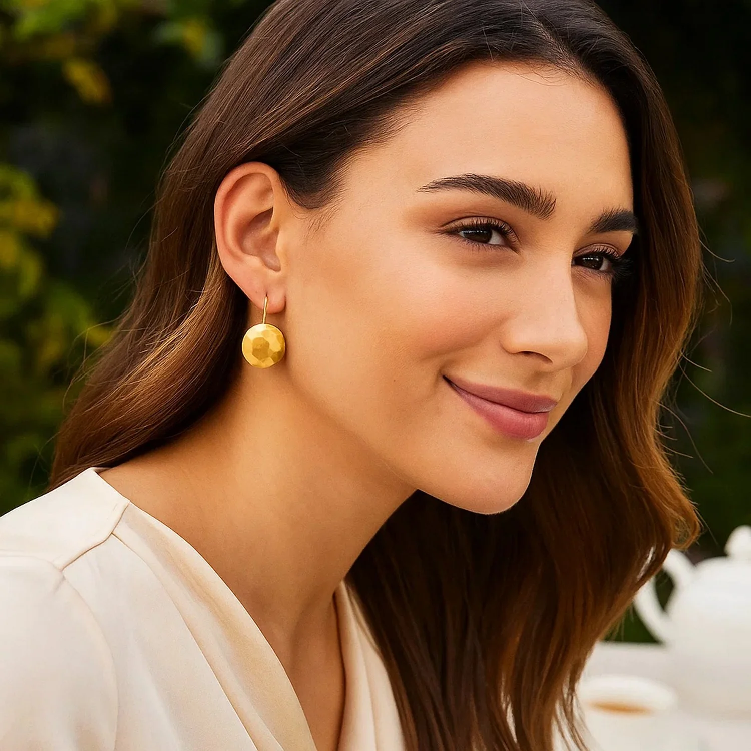 14k Yellow Gold Hammered Texture Disc Drop Earrings Medium - Image 2