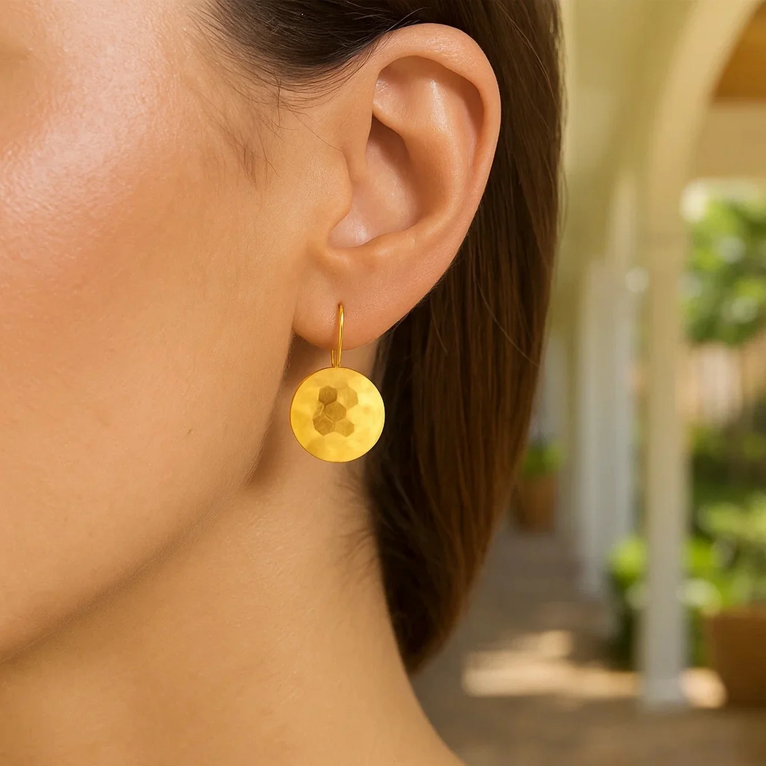 14k Yellow Gold Hammered Texture Disc Drop Earrings Medium - Image 3