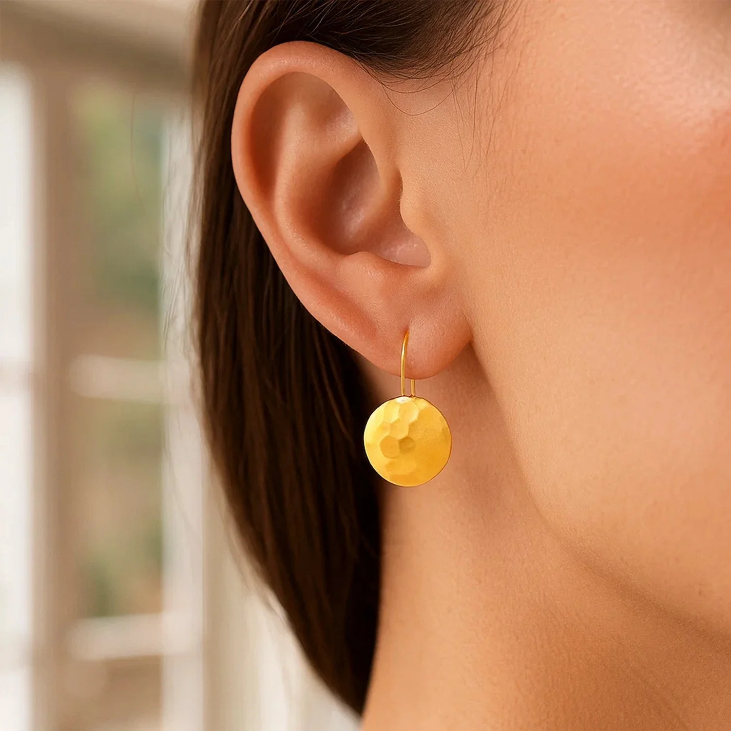 14k Yellow Gold Hammered Texture Disc Drop Earrings Medium - Image 4
