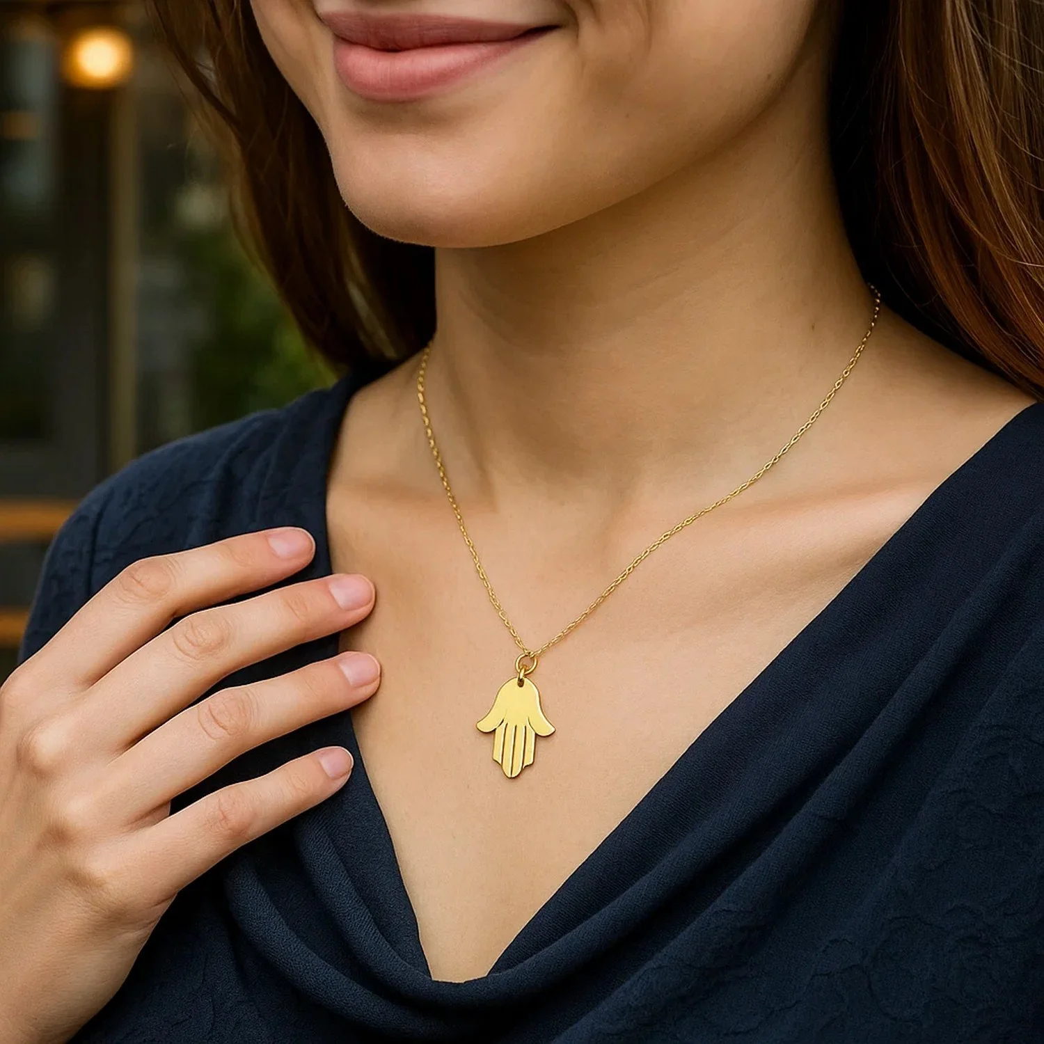 14K Yellow Gold Hand of Hamsa Necklace - Image 5