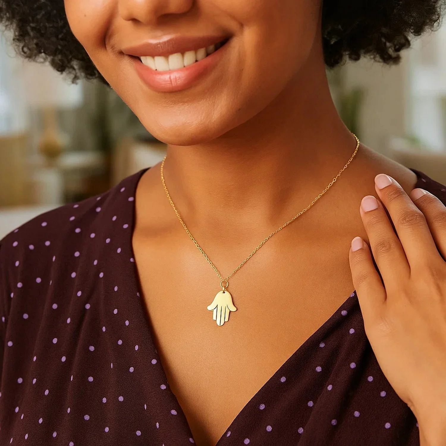 14K Yellow Gold Hand of Hamsa Necklace - Image 6