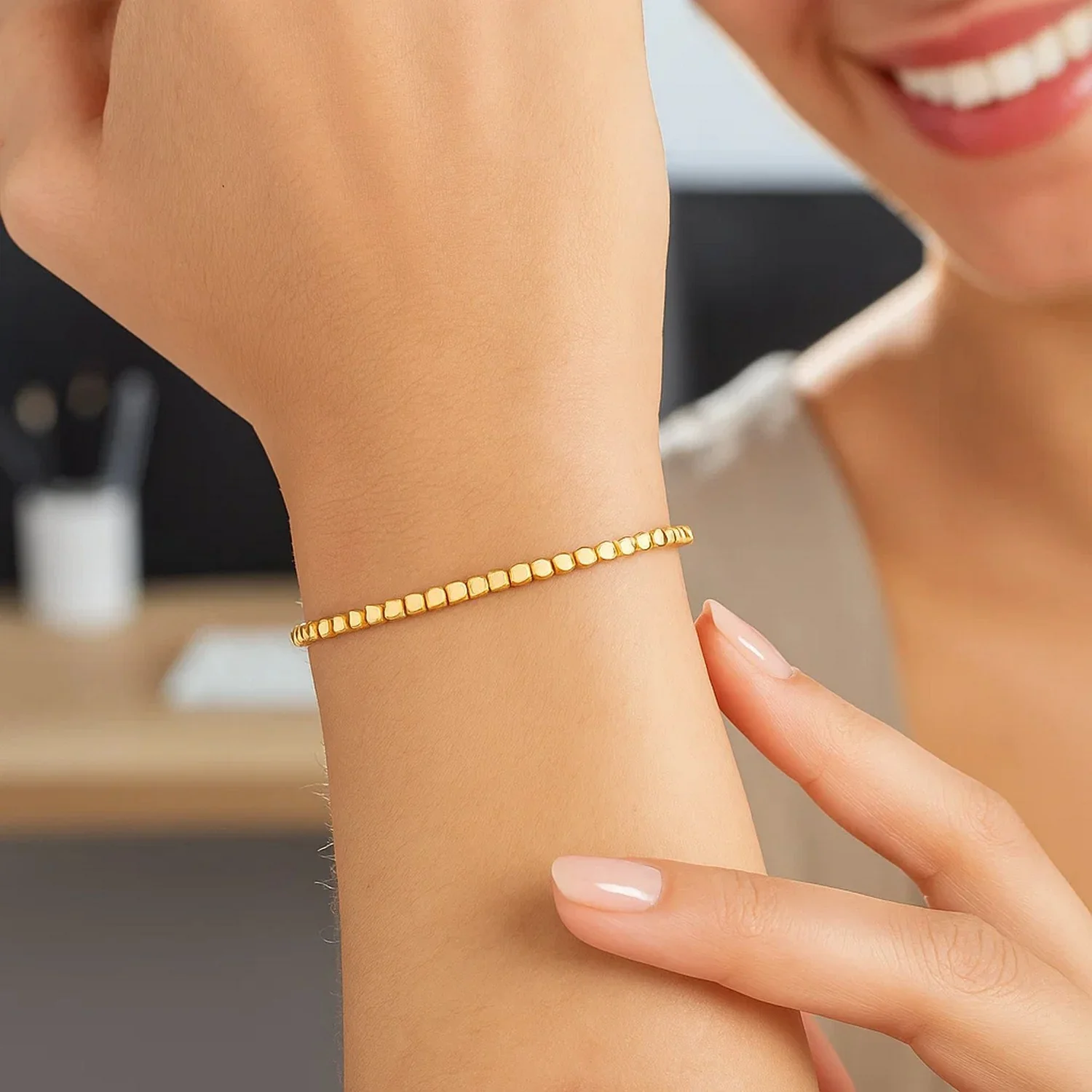 14k Yellow Gold High Polish Bead Cuff Bangle - Image 11