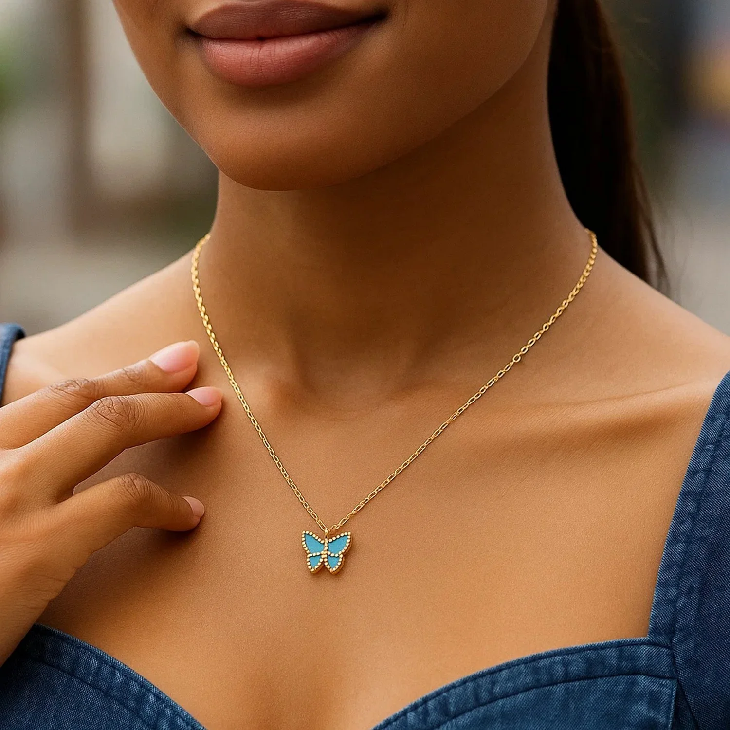 14k Yellow Gold High Polish Butterfly Turquoise Paste Necklace - Image 10