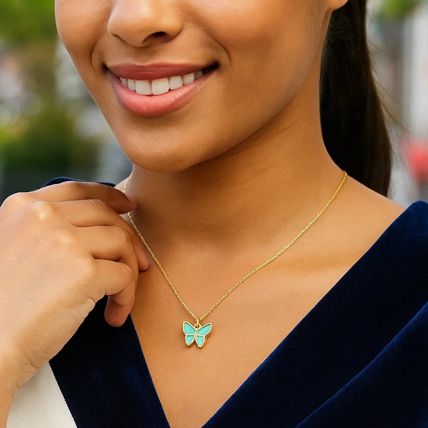 14k Yellow Gold High Polish Butterfly Turquoise Paste Necklace - Image 16