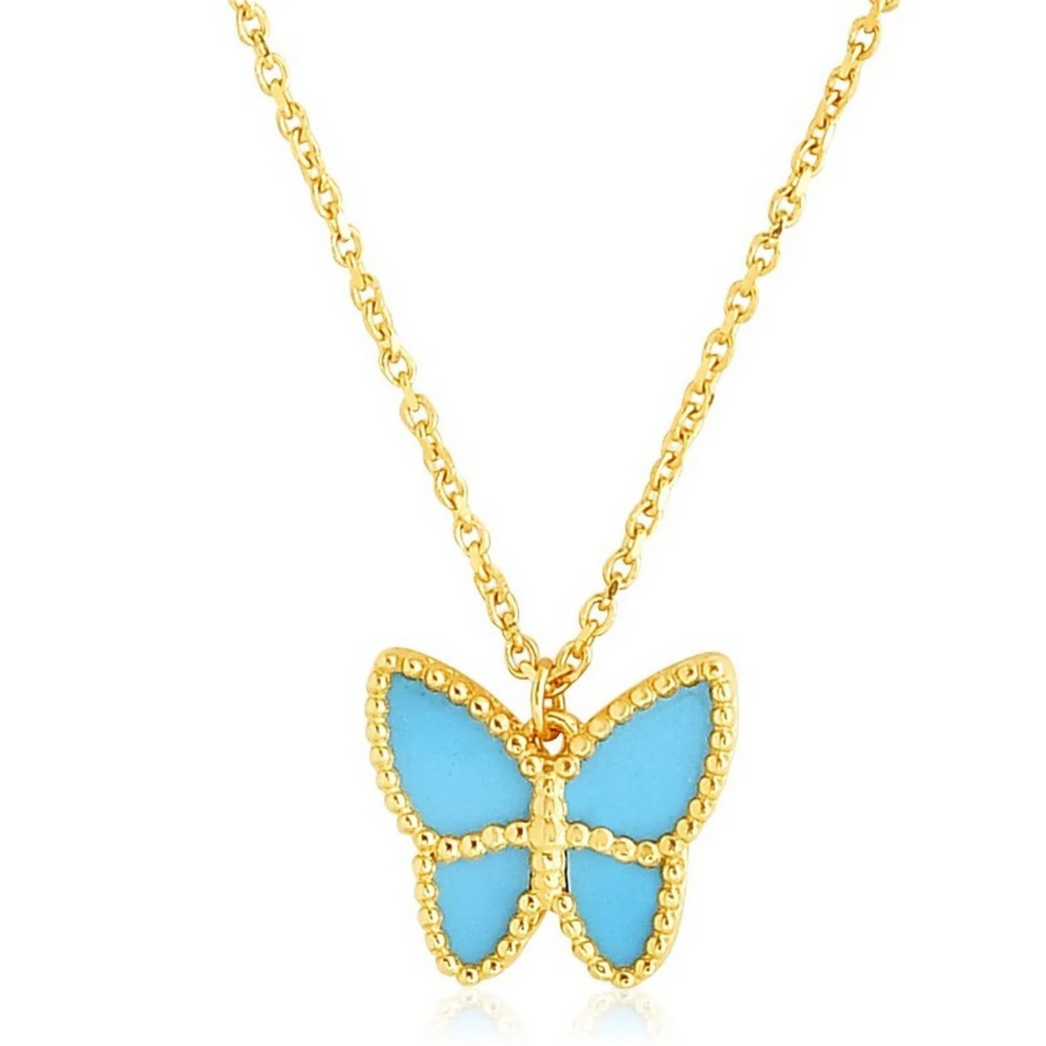 14k Yellow Gold High Polish Butterfly Turquoise Paste Necklace - Image 5