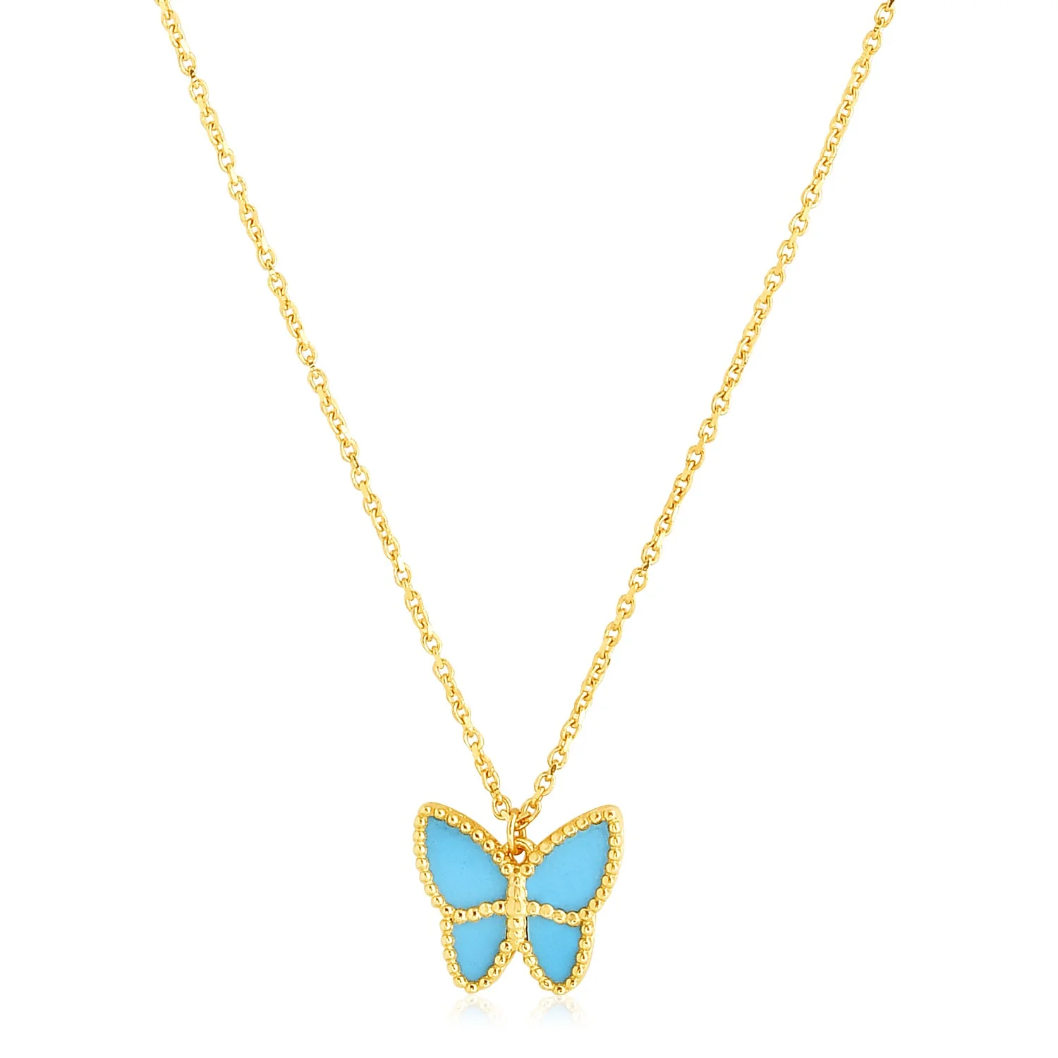 14k Yellow Gold High Polish Butterfly Turquoise Paste Necklace - Image 7