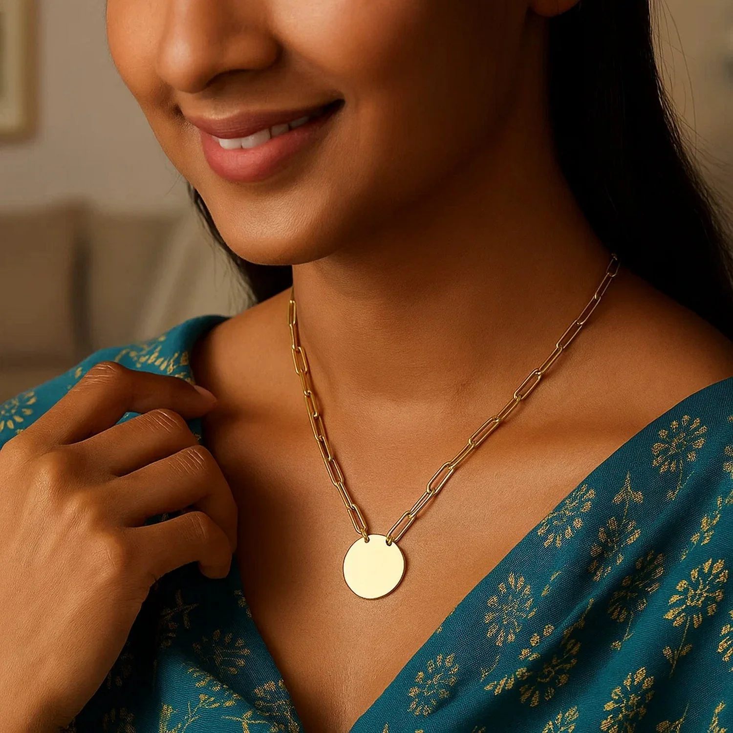 14k Yellow Gold High Polish Circle Disc Paperclip Link Necklace - Image 10