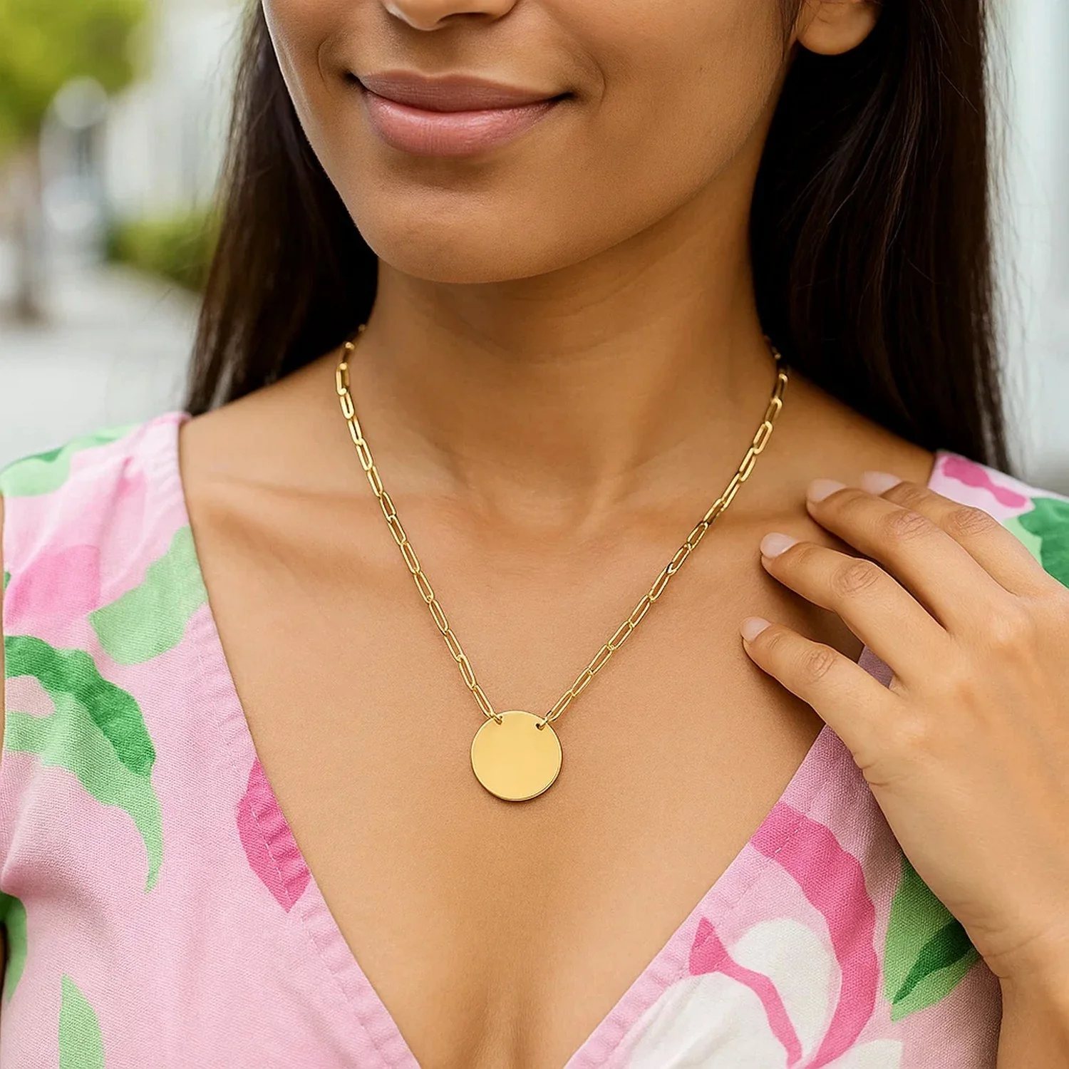 14k Yellow Gold High Polish Circle Disc Paperclip Link Necklace - Image 4