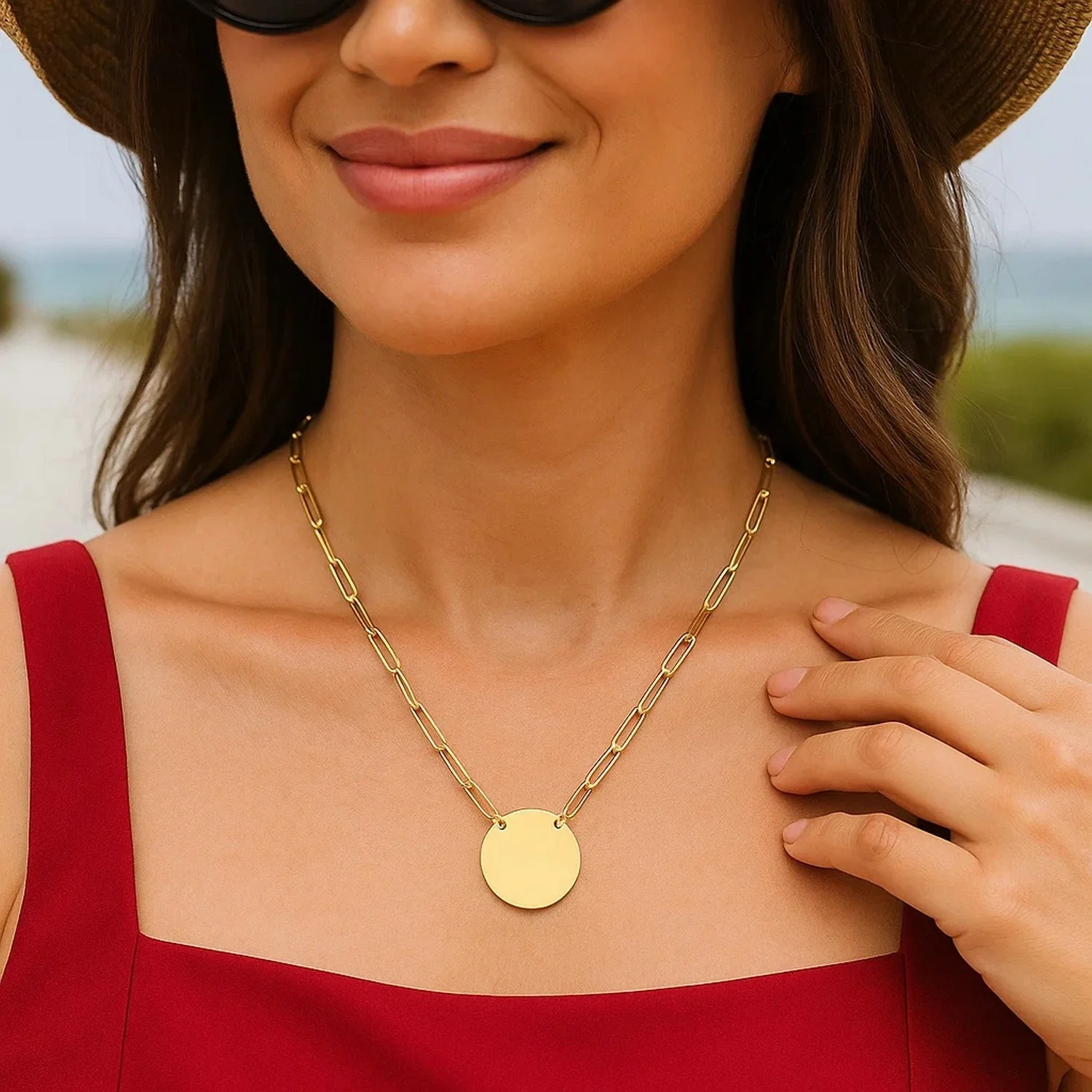 14k Yellow Gold High Polish Circle Disc Paperclip Link Necklace - Image 6