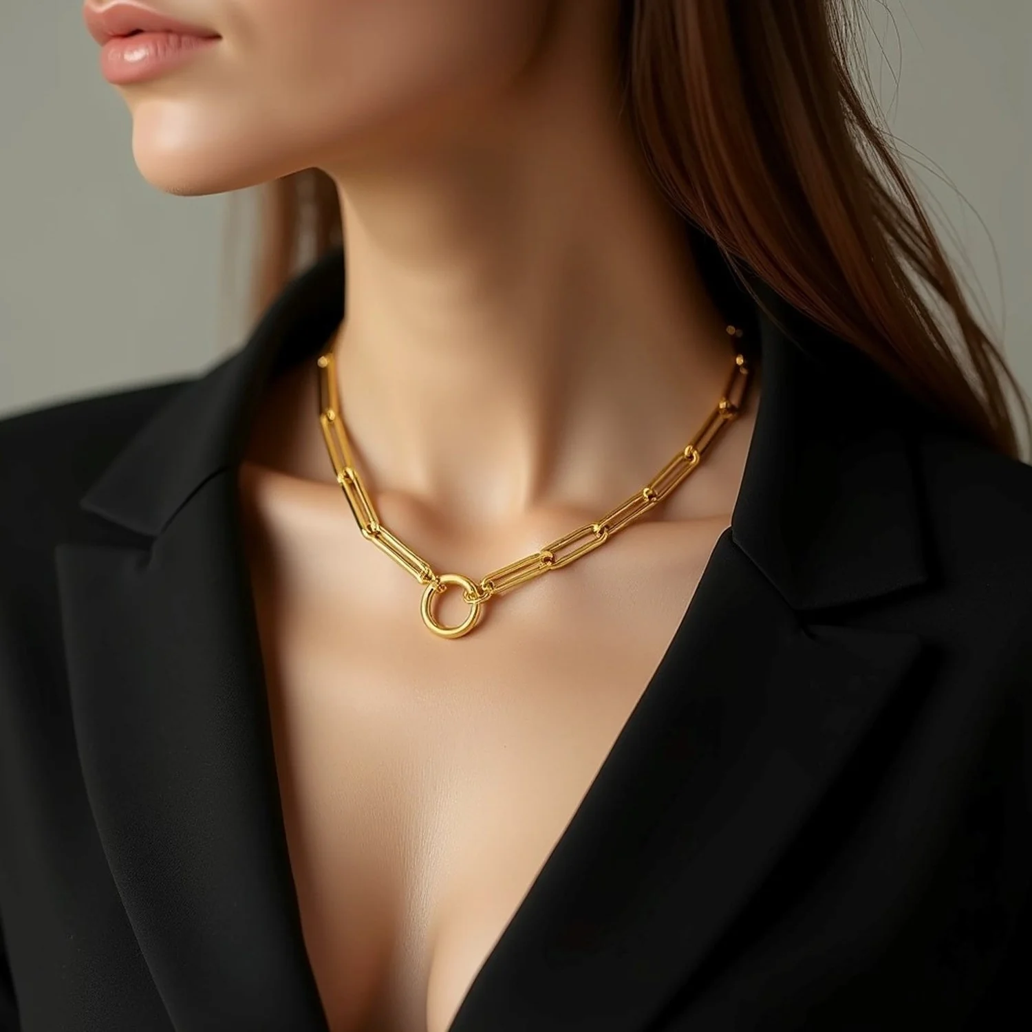 14k Yellow Gold High Polish Elongated Paperclip Chain Circle Necklace - Image 4