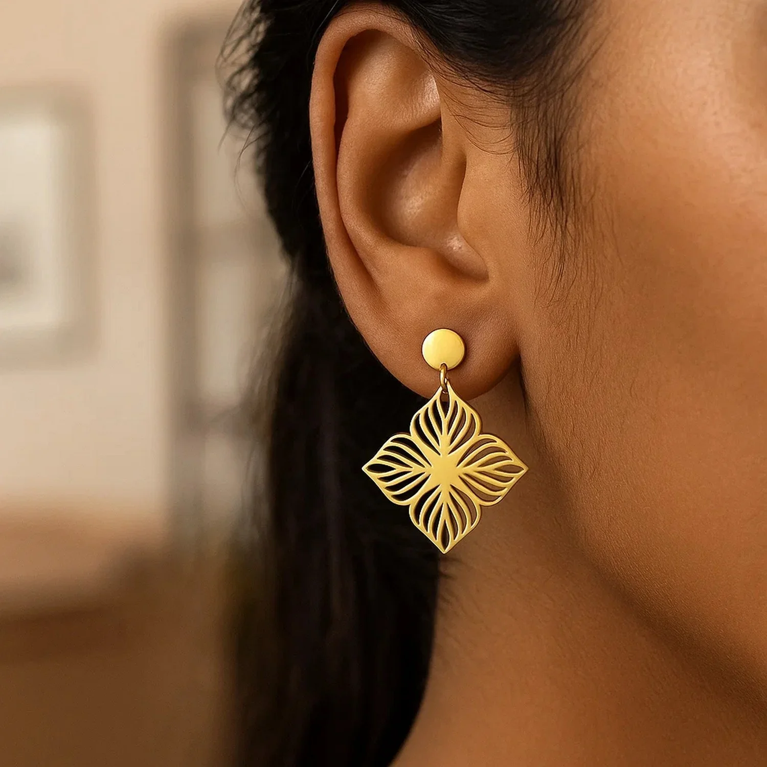 14K Yellow Gold High Polish Flower Cutout Earrings - Image 3
