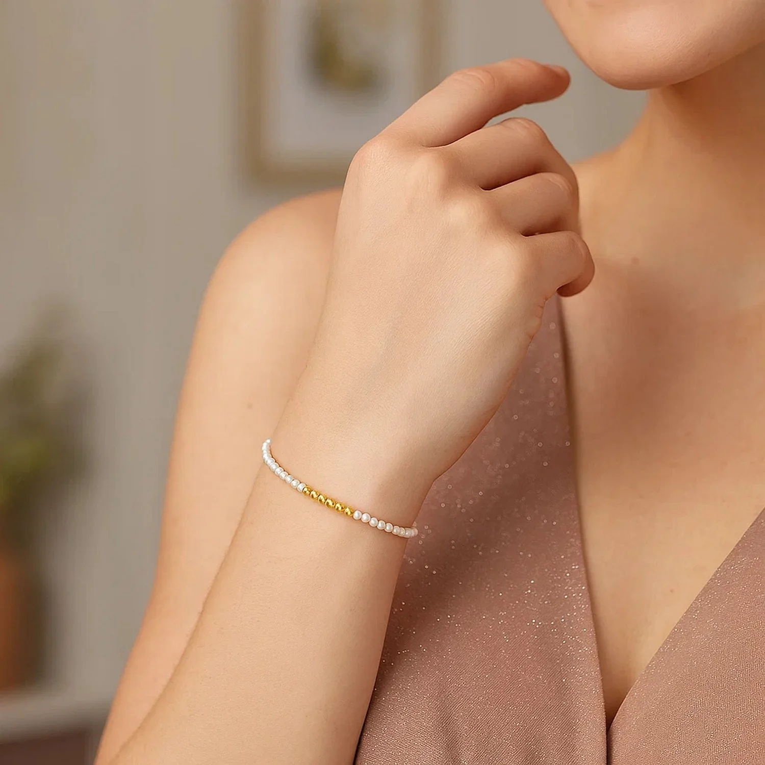14k Yellow Gold High Polish Freshwater Pearl Pallina Bead Bracelet - Image 4