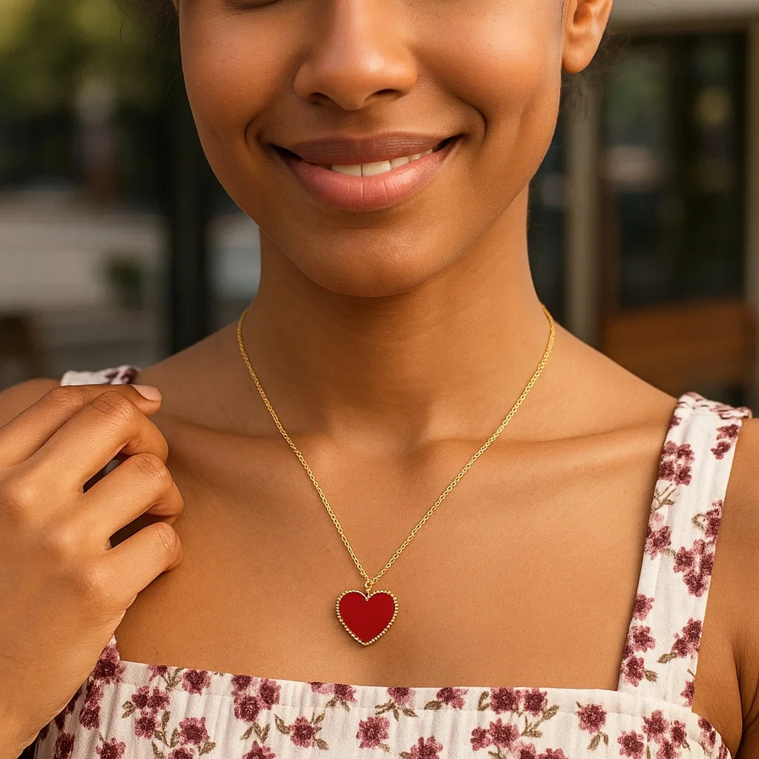 14k Yellow Gold High Polish Heart Red Cornelia Paste Necklace - Image 20