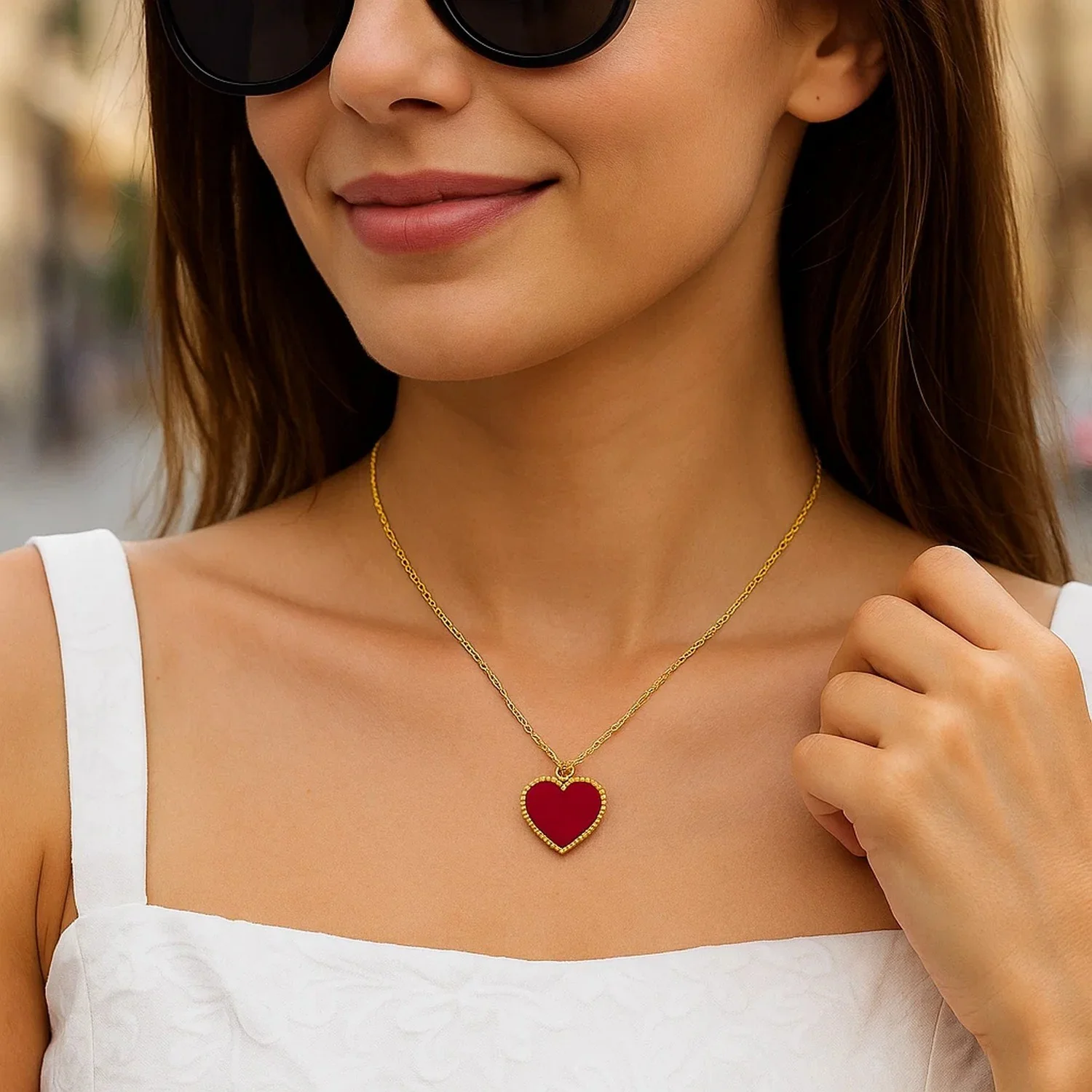 14k Yellow Gold High Polish Heart Red Cornelia Paste Necklace - Image 21