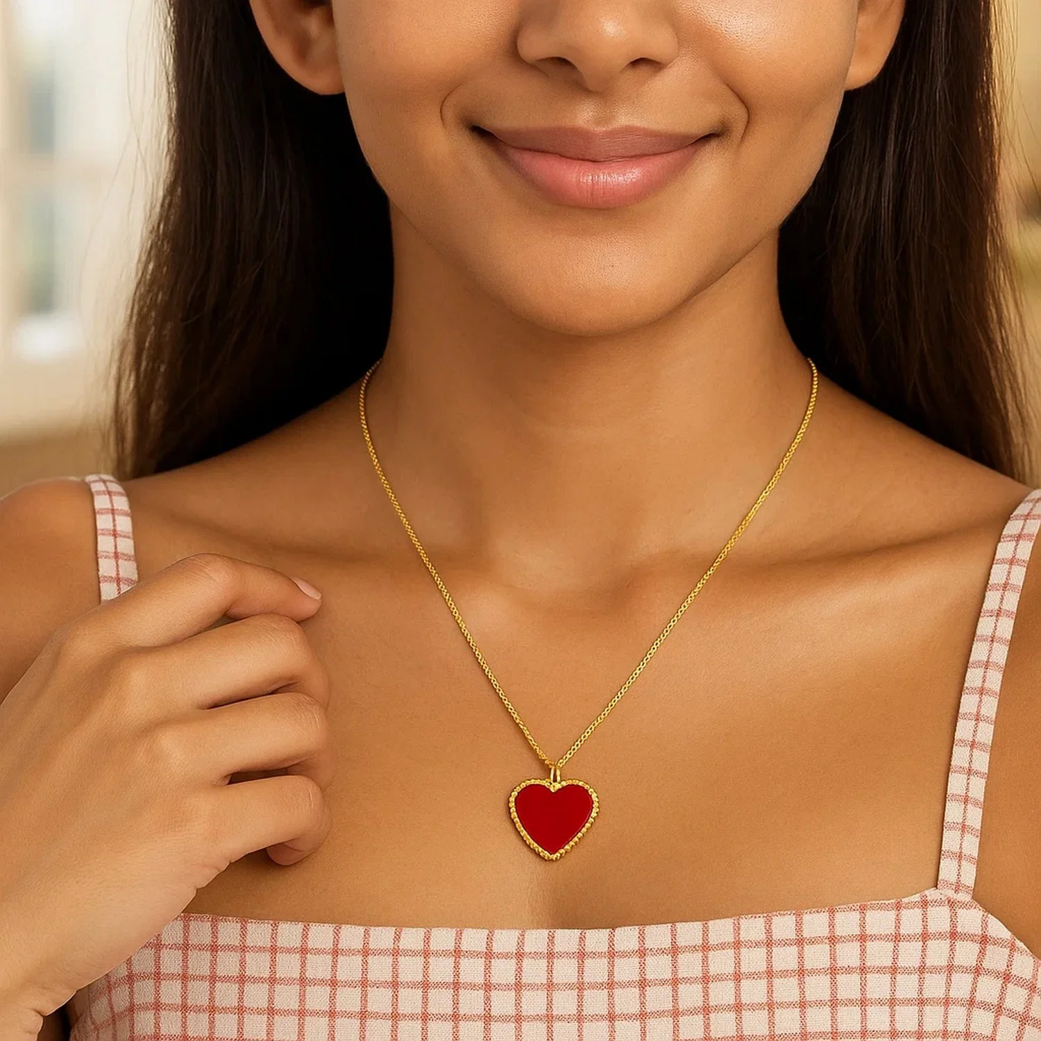 14k Yellow Gold High Polish Heart Red Cornelia Paste Necklace - Image 24