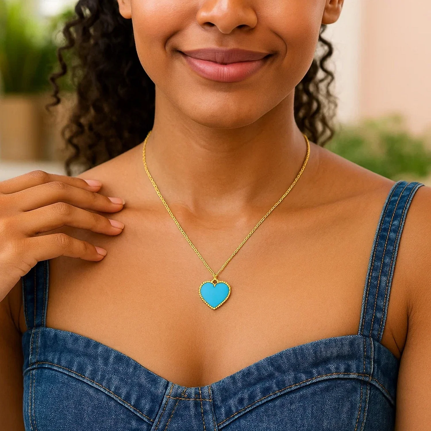14k Yellow Gold High Polish Heart Turquoise Paste Necklace - Image 12
