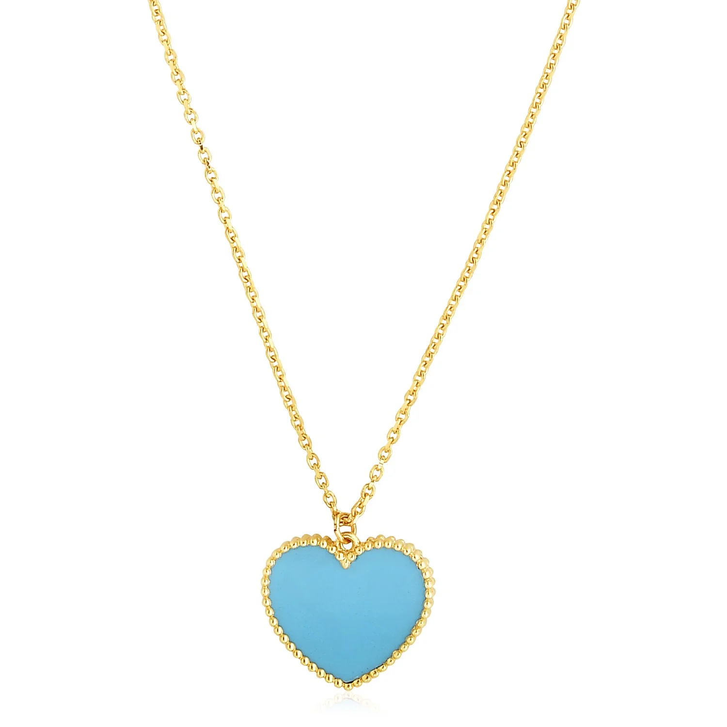 14k Yellow Gold High Polish Heart Turquoise Paste Necklace - Image 2