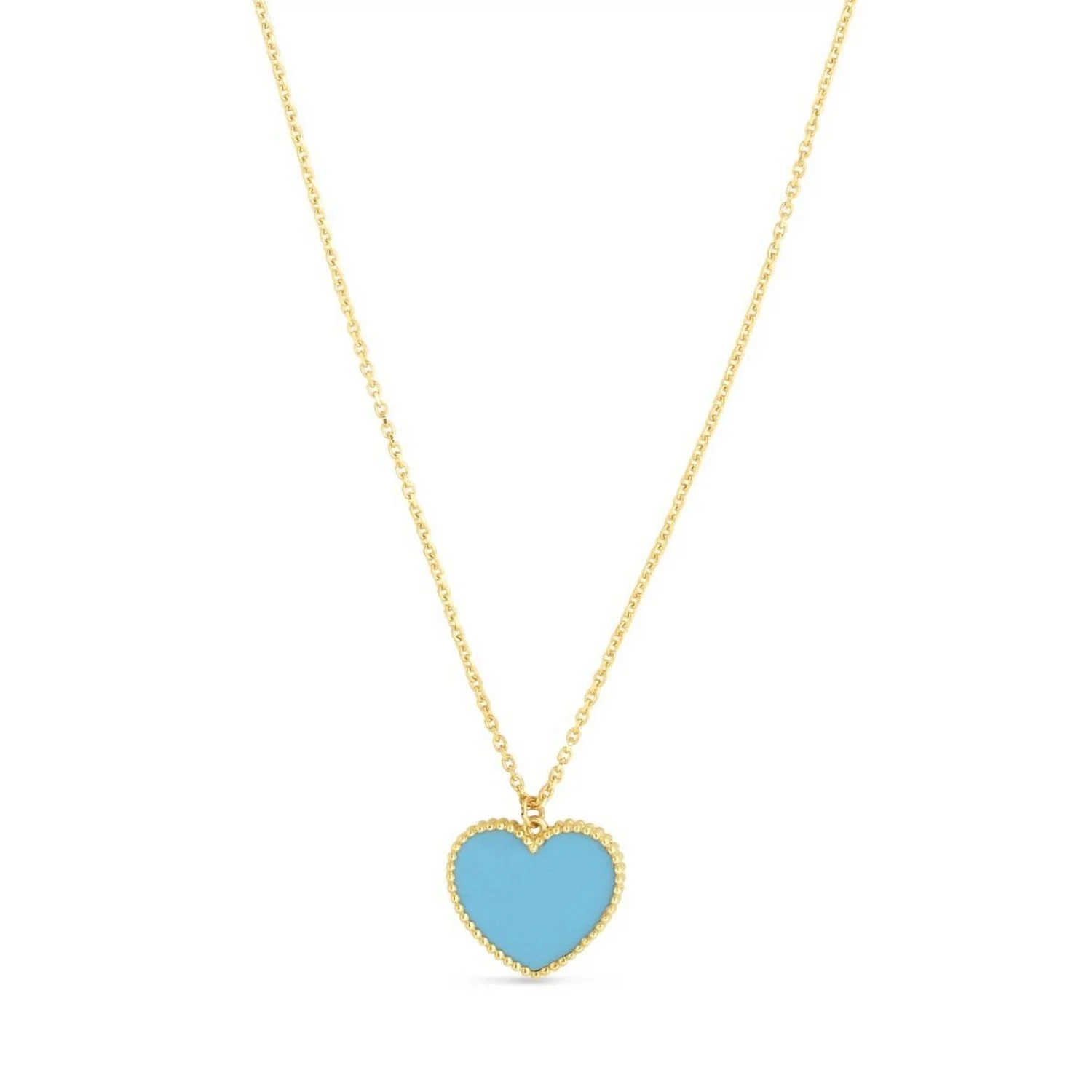 14k Yellow Gold High Polish Heart Turquoise Paste Necklace - Image 5
