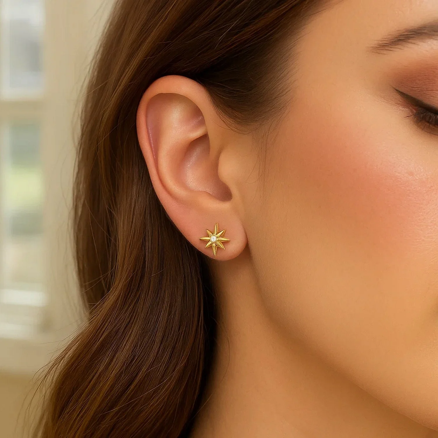14K Yellow Gold High Polish North Star Diamond Earrings - Image 3