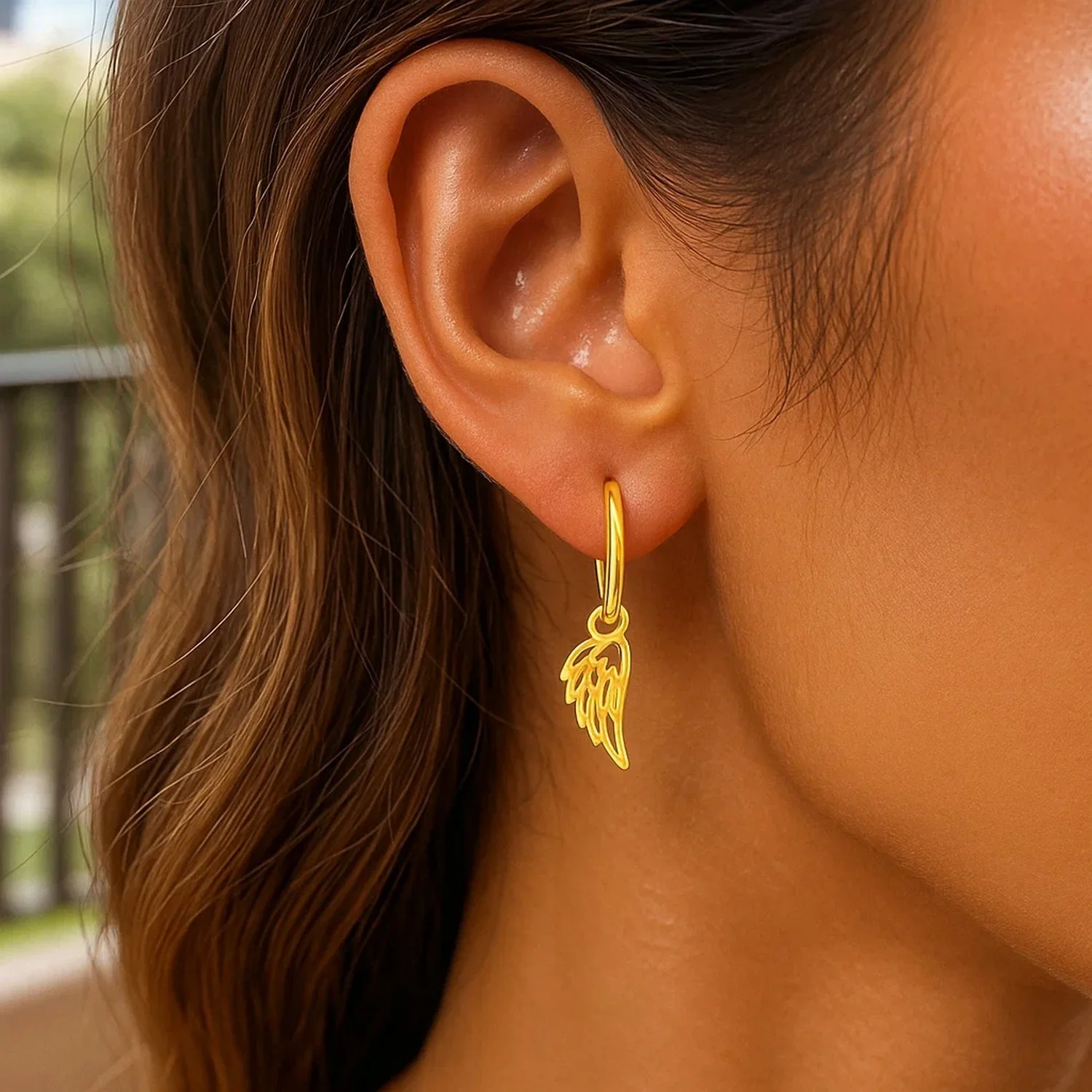 14K Yellow Gold Hoop Earrings with Angel Wings - Image 3