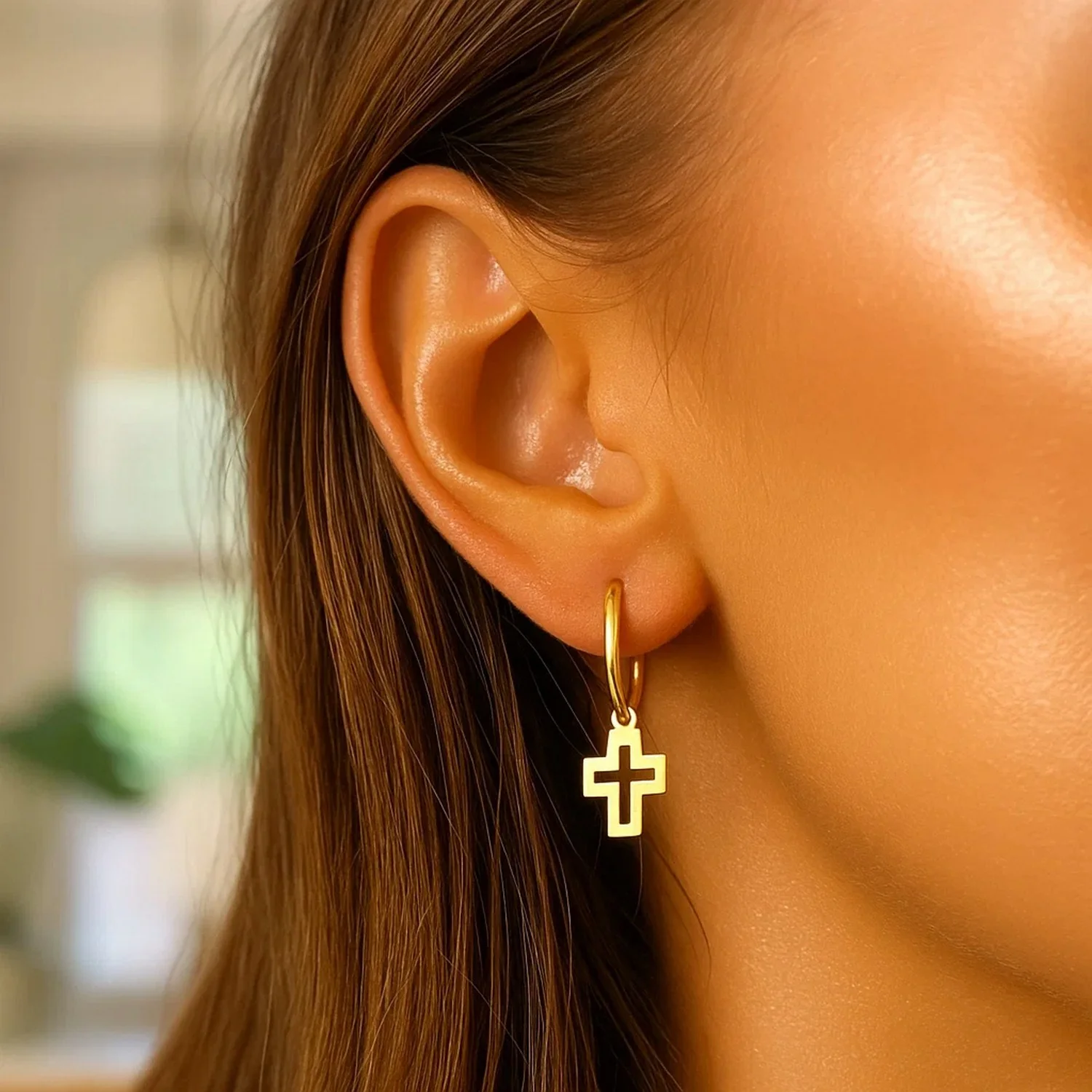 14K Yellow Gold Hoop Polished Earrings with Crosses - Image 3
