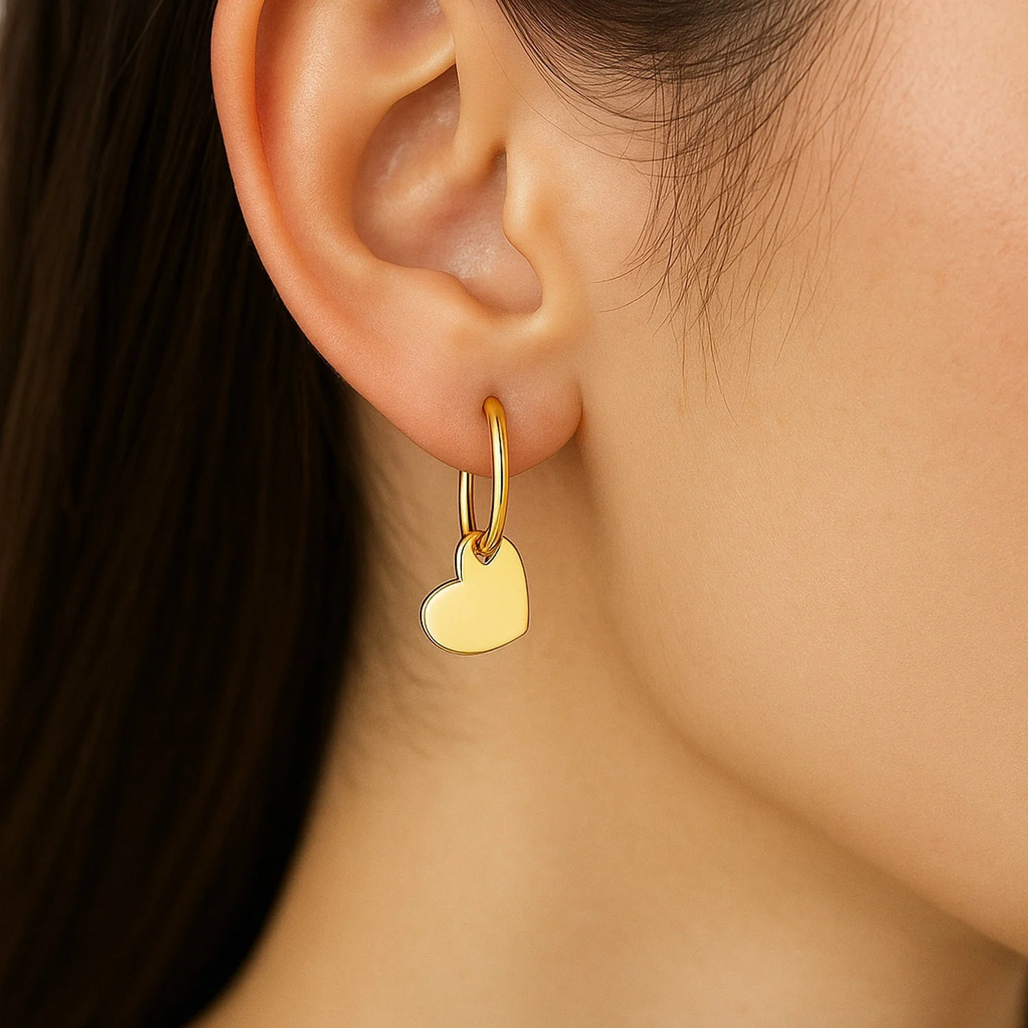 14K Yellow Gold Hoop Polished Earrings with Hearts - Image 2