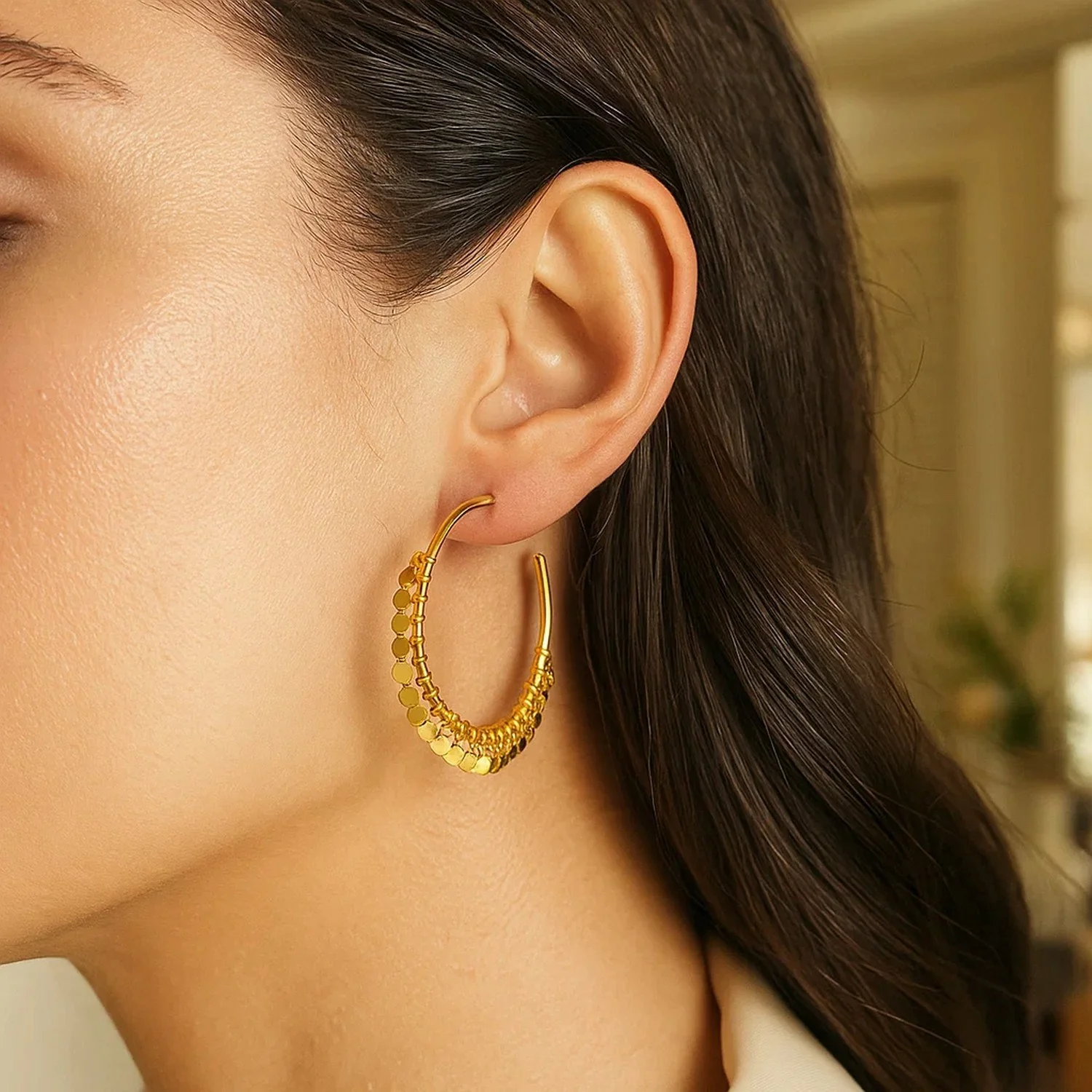 14k Yellow Gold Hoop Style Earrings with Dangling Sequins - Image 3
