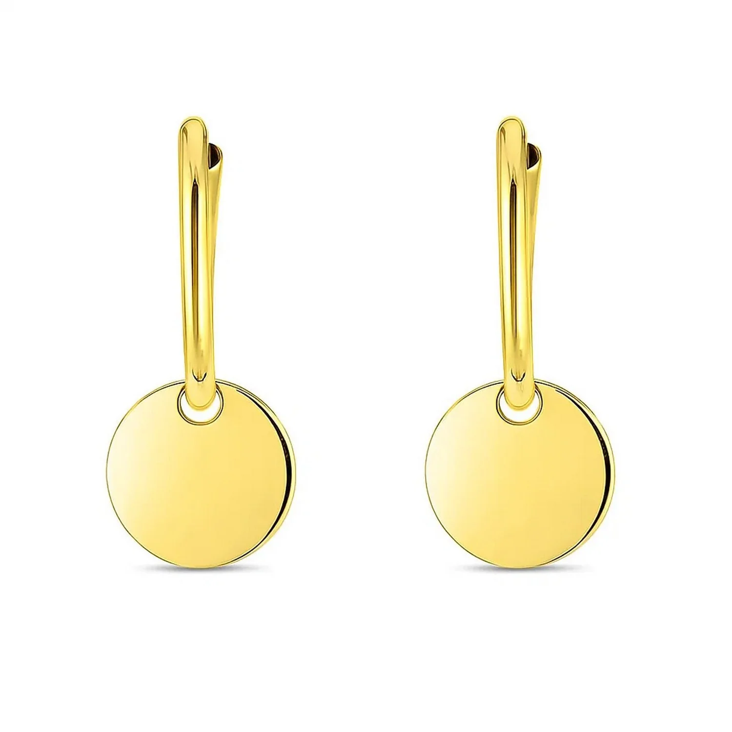 14k Yellow Gold Huggie Style Hoop Earrings with Circle Drops - Image 2