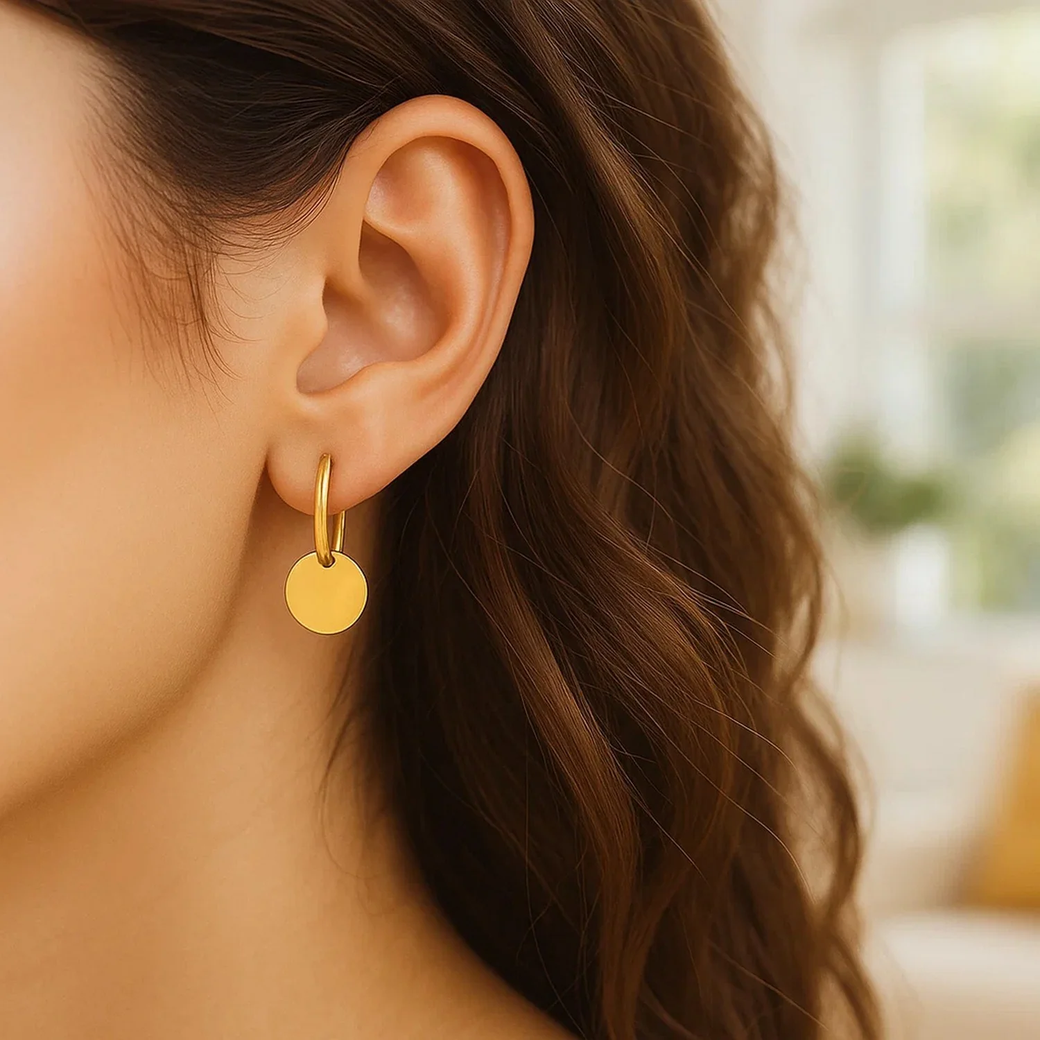 14k Yellow Gold Huggie Style Hoop Earrings with Circle Drops - Image 5