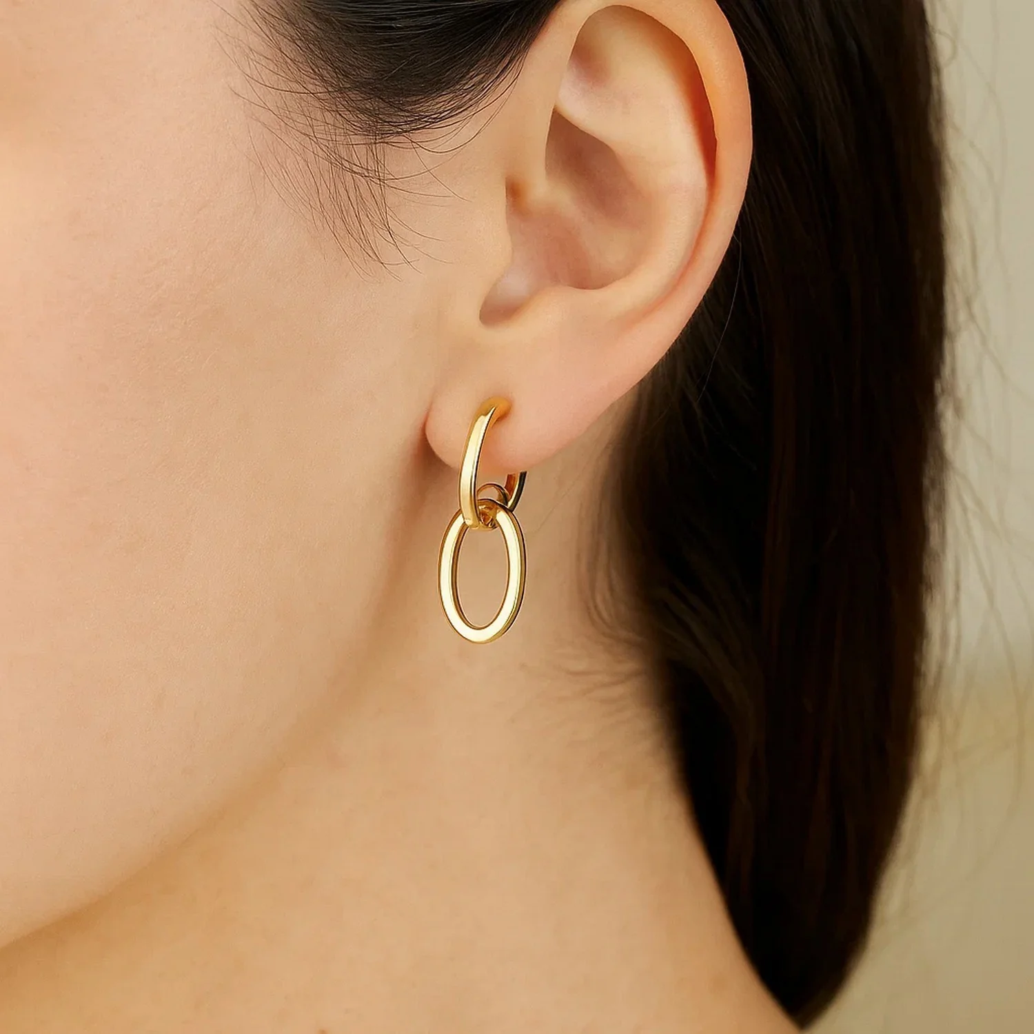 14K Yellow Gold Interlocking Drop Hoop Earrings - Image 2