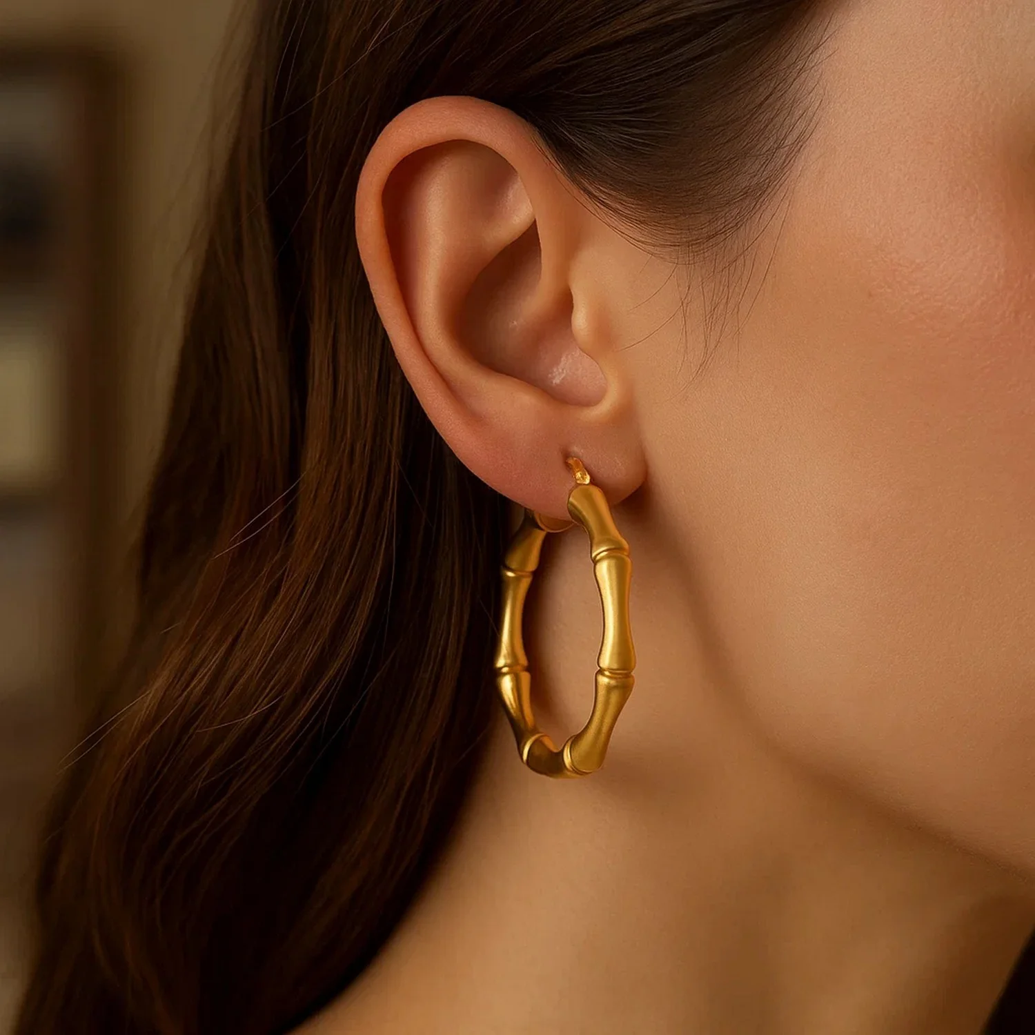 14k Yellow Gold Large Bamboo Hoops (35mm) - Image 3