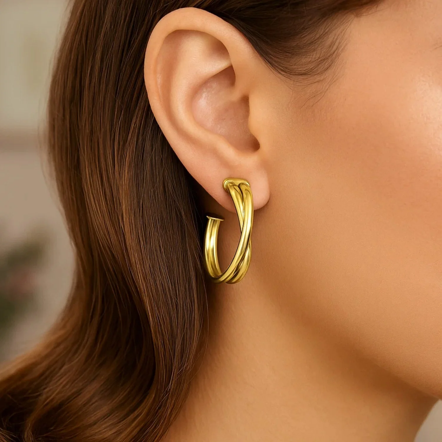 14k Yellow Gold Large Crossover Hoops - Image 3