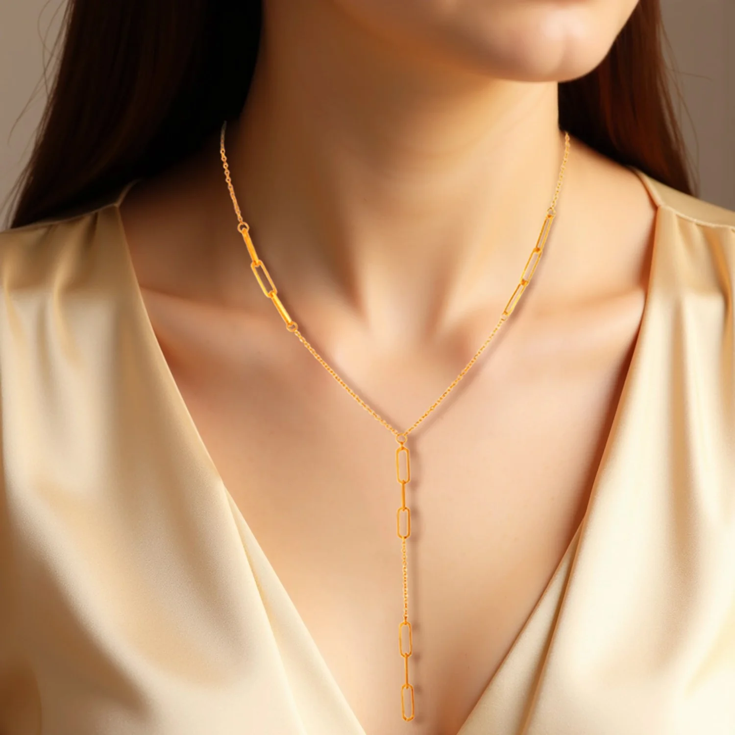 14K Yellow Gold Lariat Necklace with Paperclip Chain Stations - Image 4