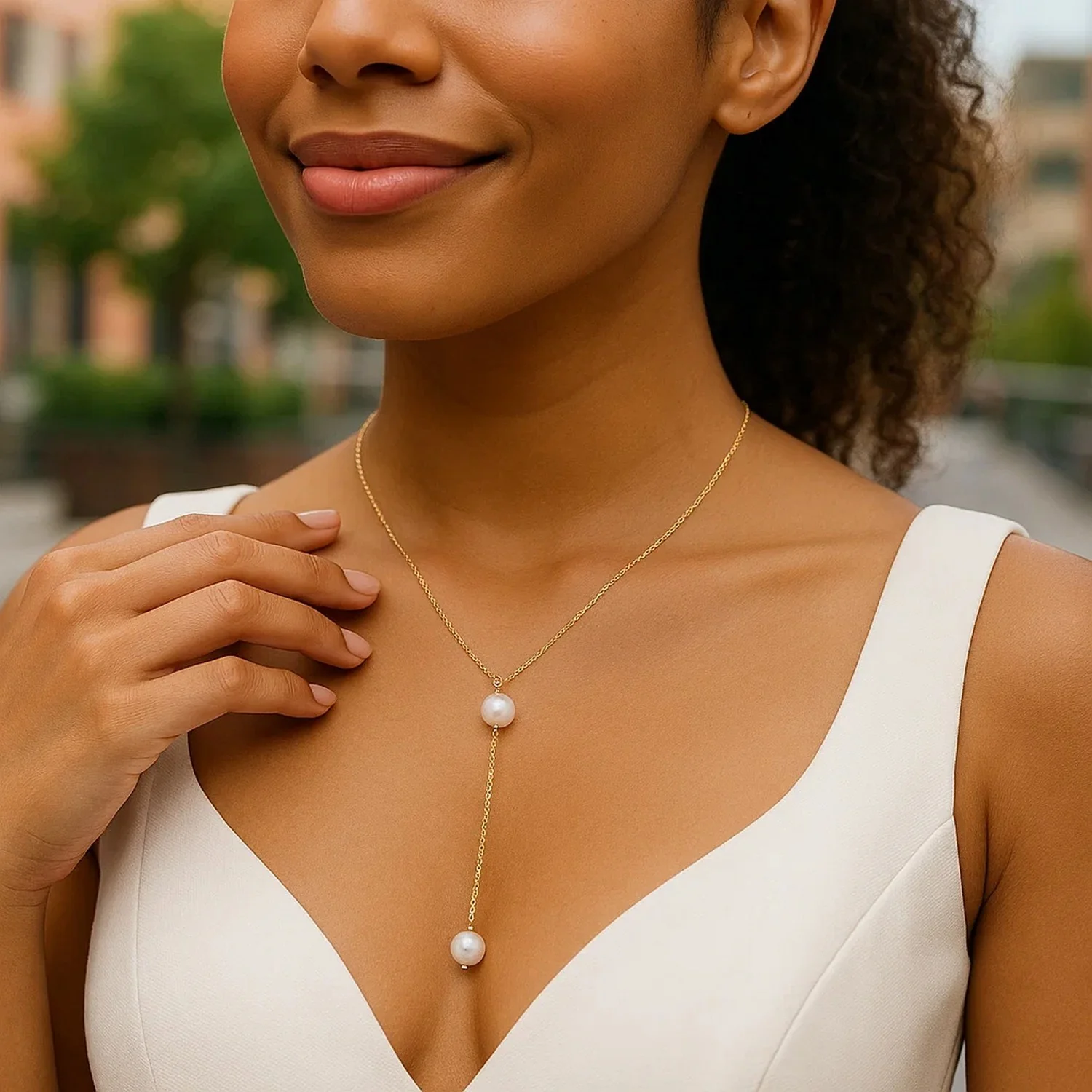 14k Yellow Gold Lariat Necklace with Pearls - Image 14