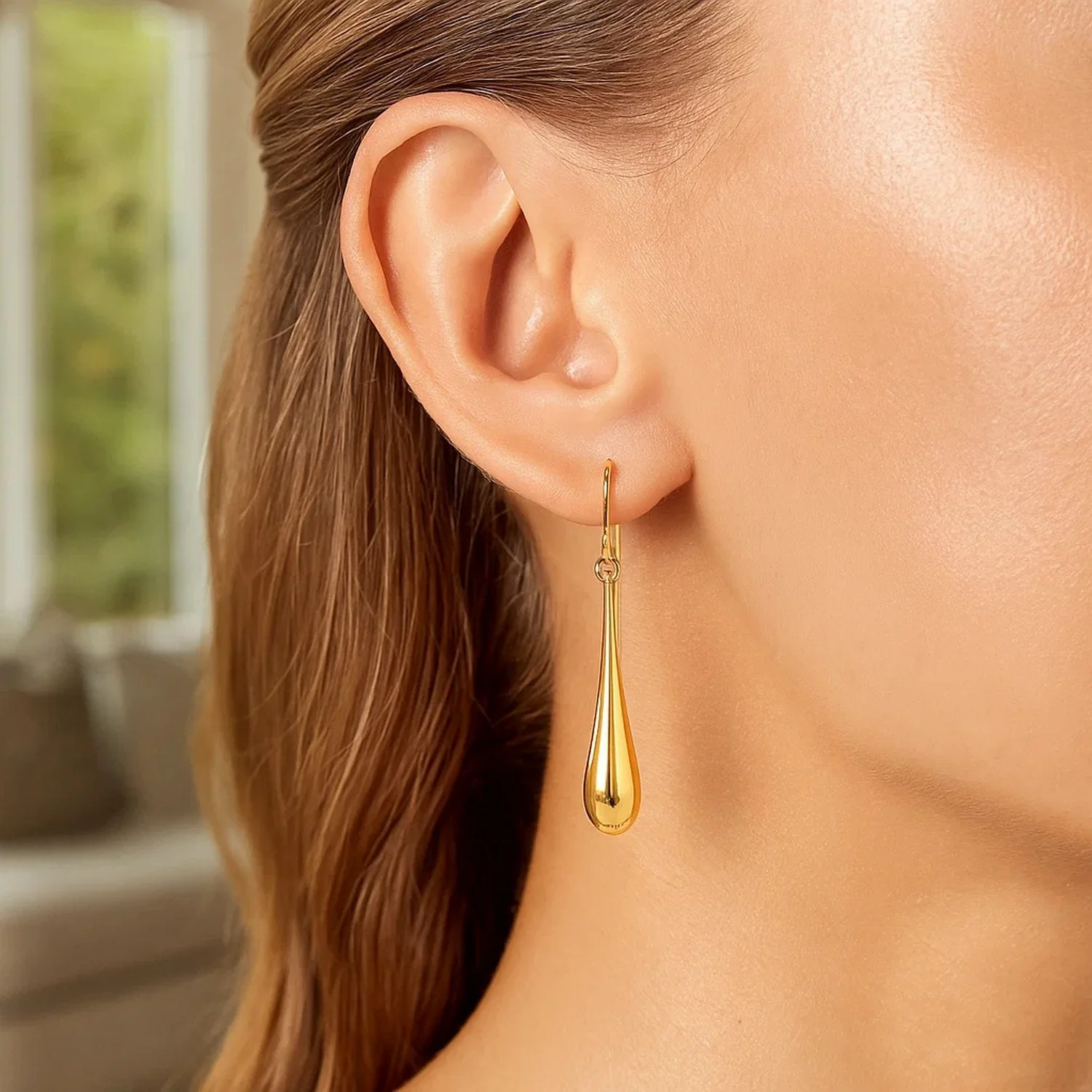 14k Yellow Gold Long Polished Teardrop Dangling Earrings - Image 3