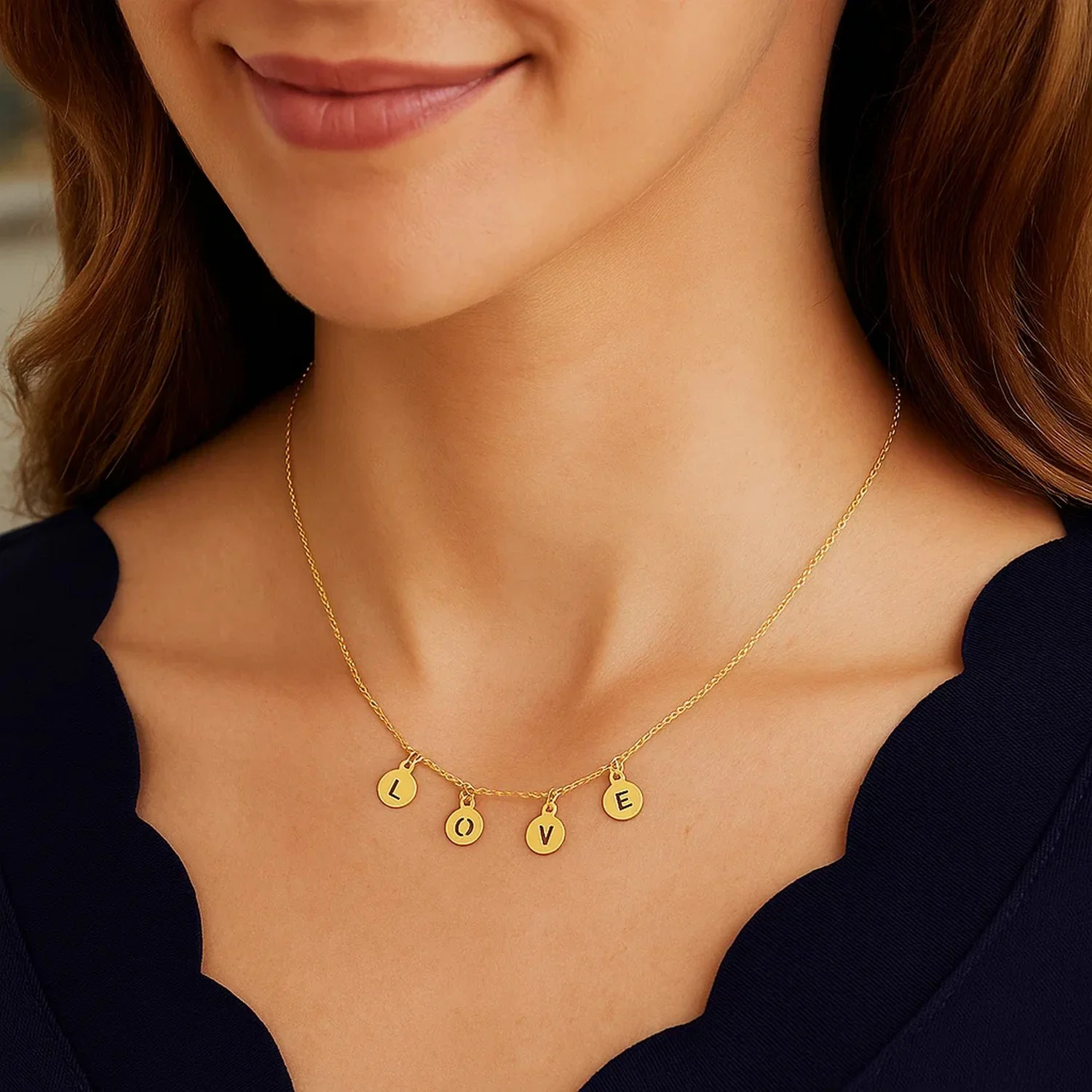 14k Yellow Gold Love Necklace with Circle Drops - Image 19