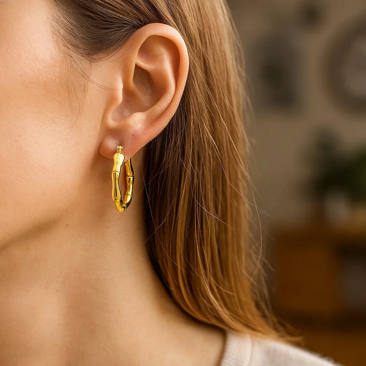 14k Yellow Gold Medium Bamboo Hoop Earrings (25mm) - Image 6