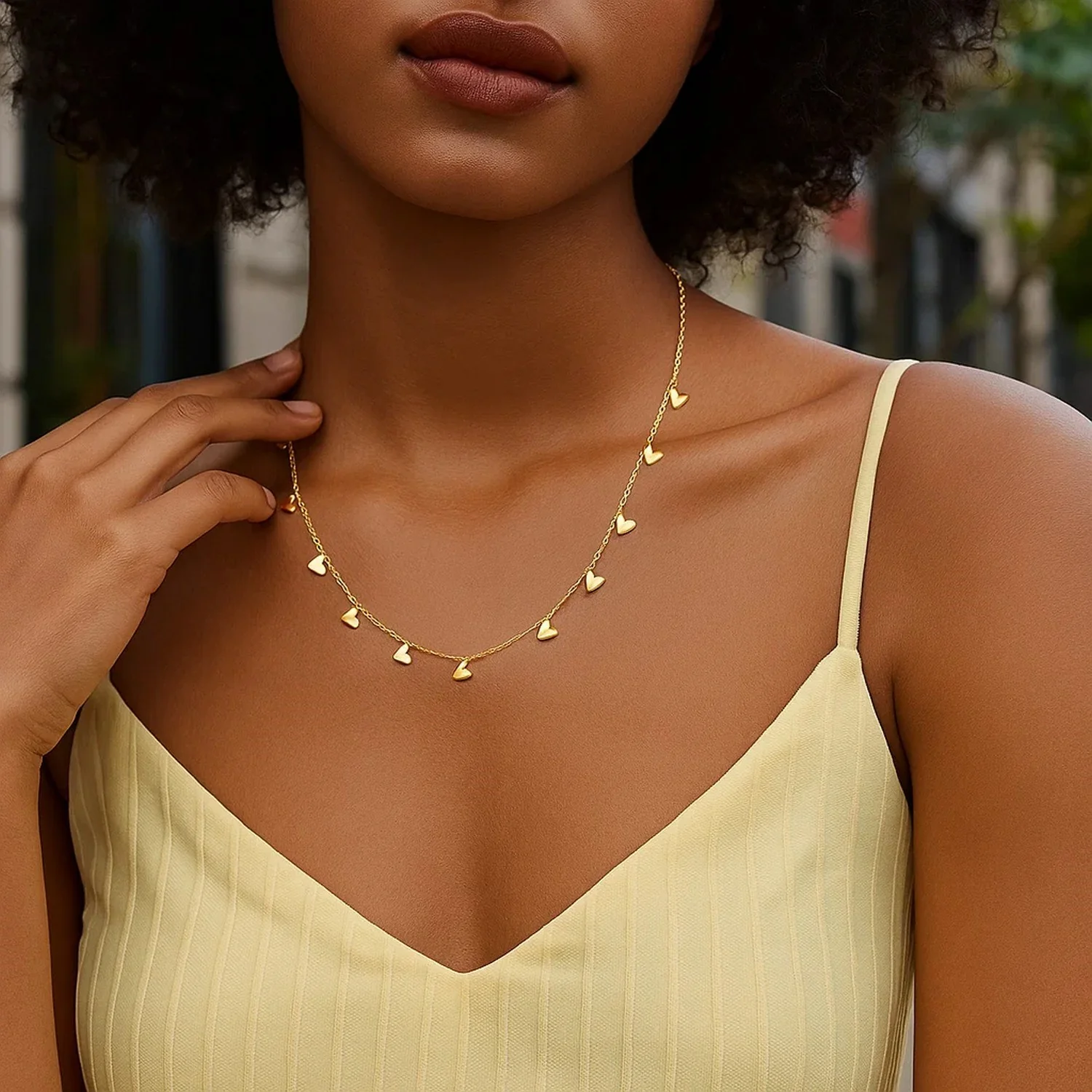 14K Yellow Gold Necklace with Dangling Hearts - Image 10
