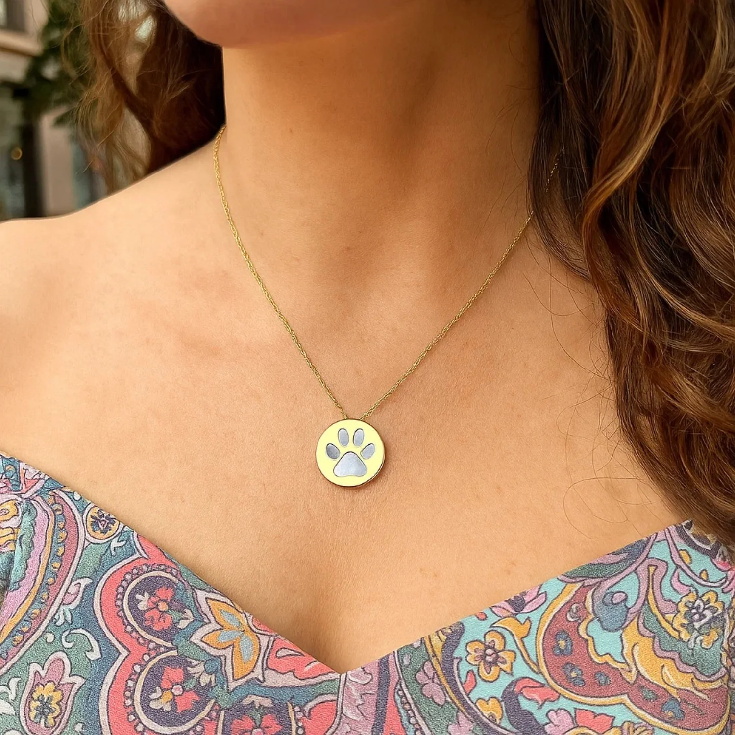 14k Yellow Gold Necklace with Dog Paw Print Symbol in Mother of Pearl - Image 23