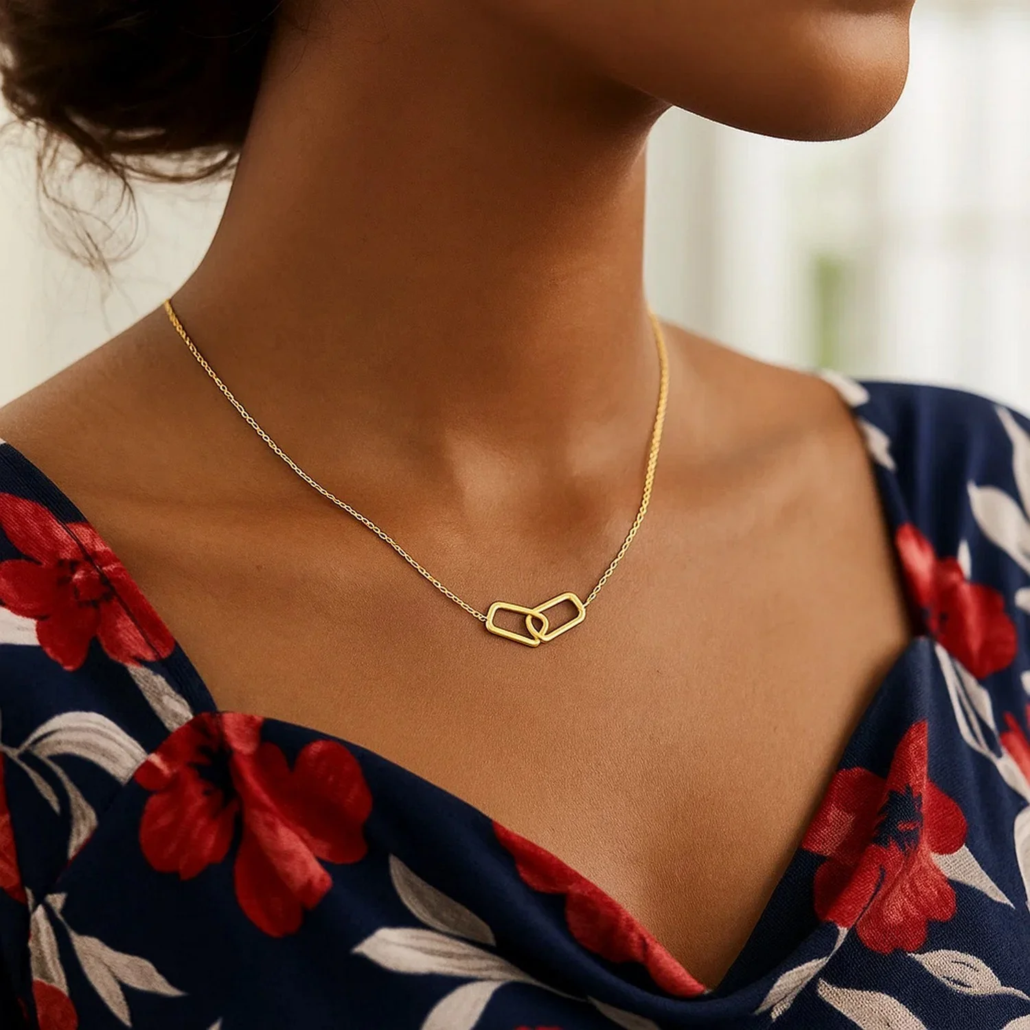 14k Yellow Gold Necklace with Interlocking Petite Rectangles - Image 13