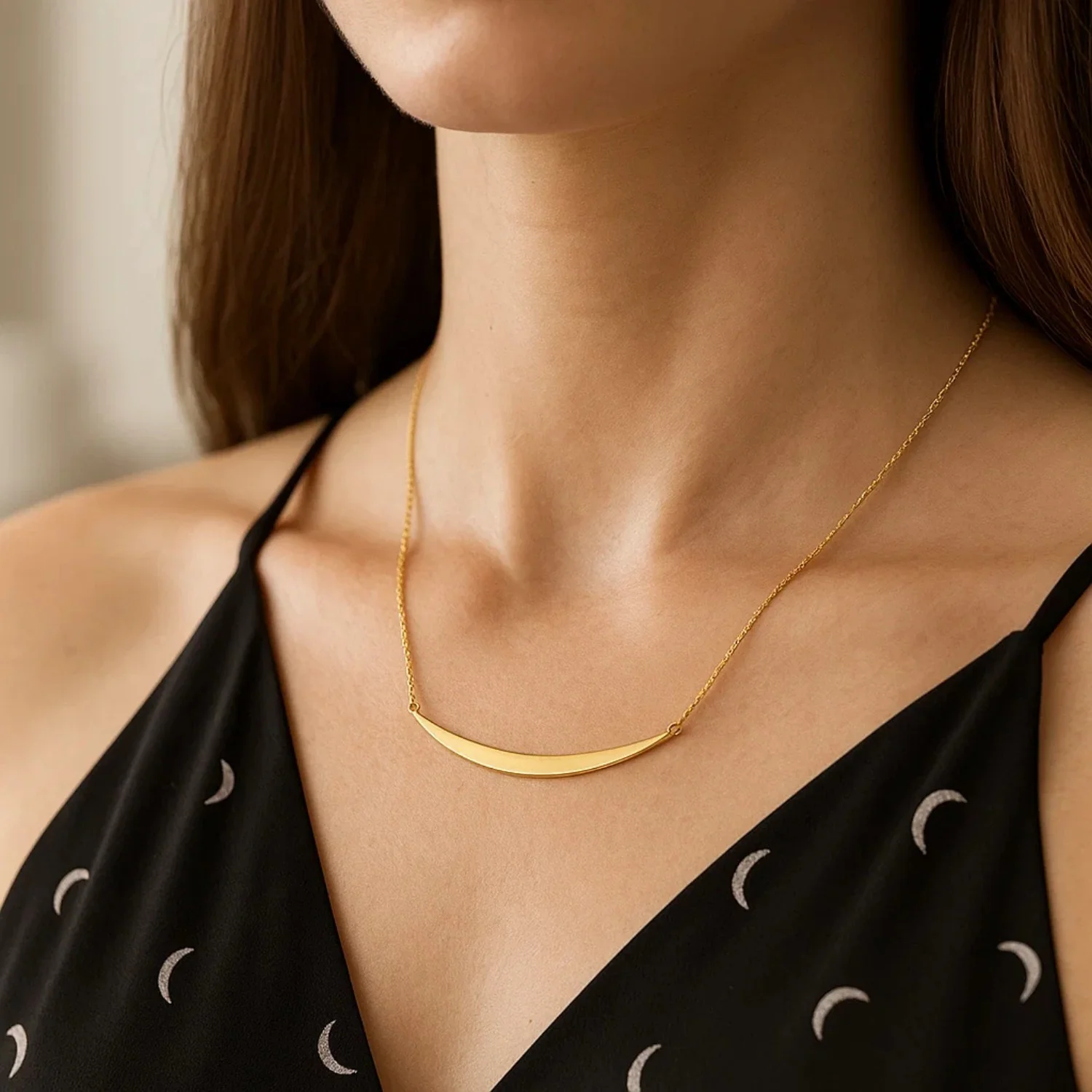 14k Yellow Gold Necklace with Polished Curved Bar Pendant - Image 12