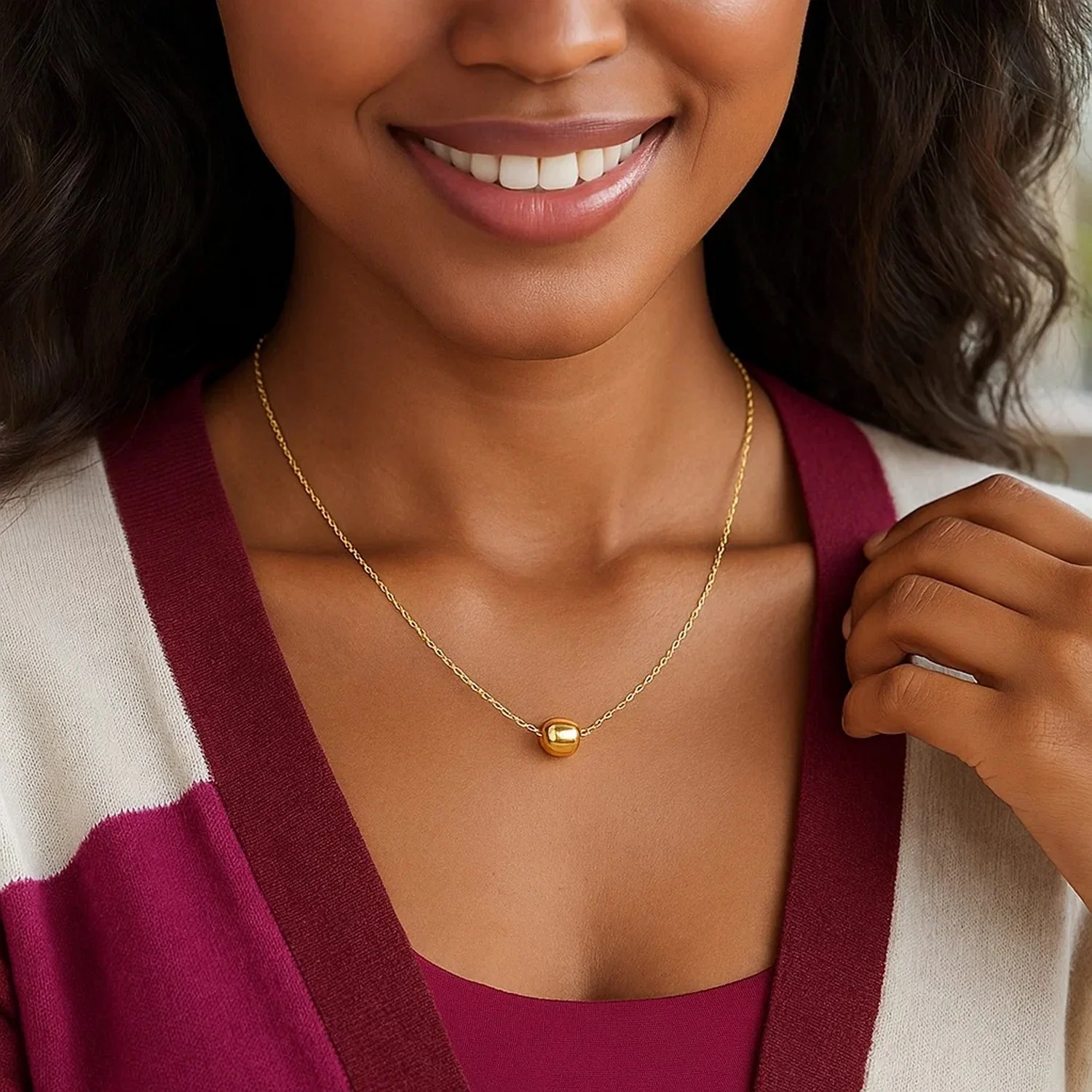 14k Yellow Gold Necklace with Shiny Barrel Bead Charm - Image 6