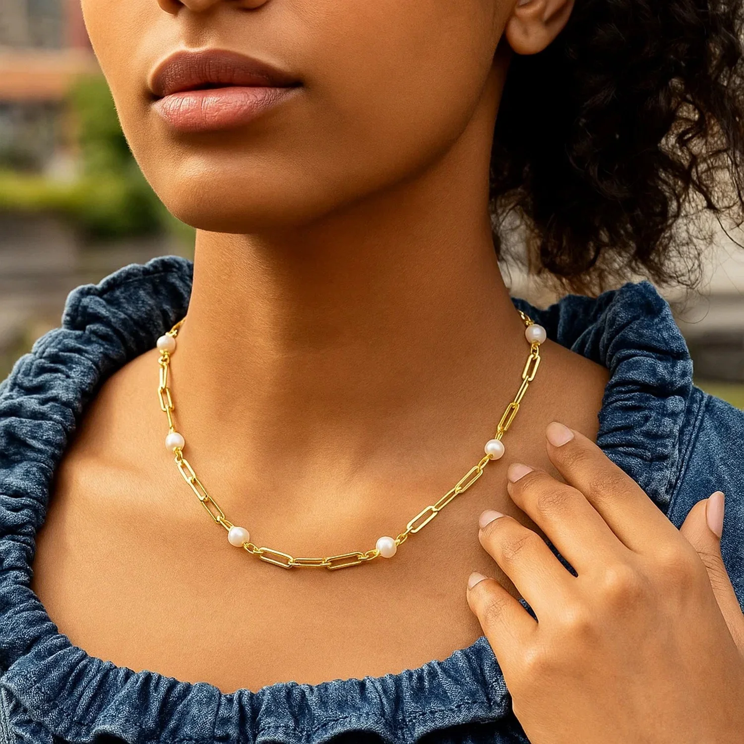 14k Yellow Gold Paperclip Chain and Pearl Necklace - Image 6
