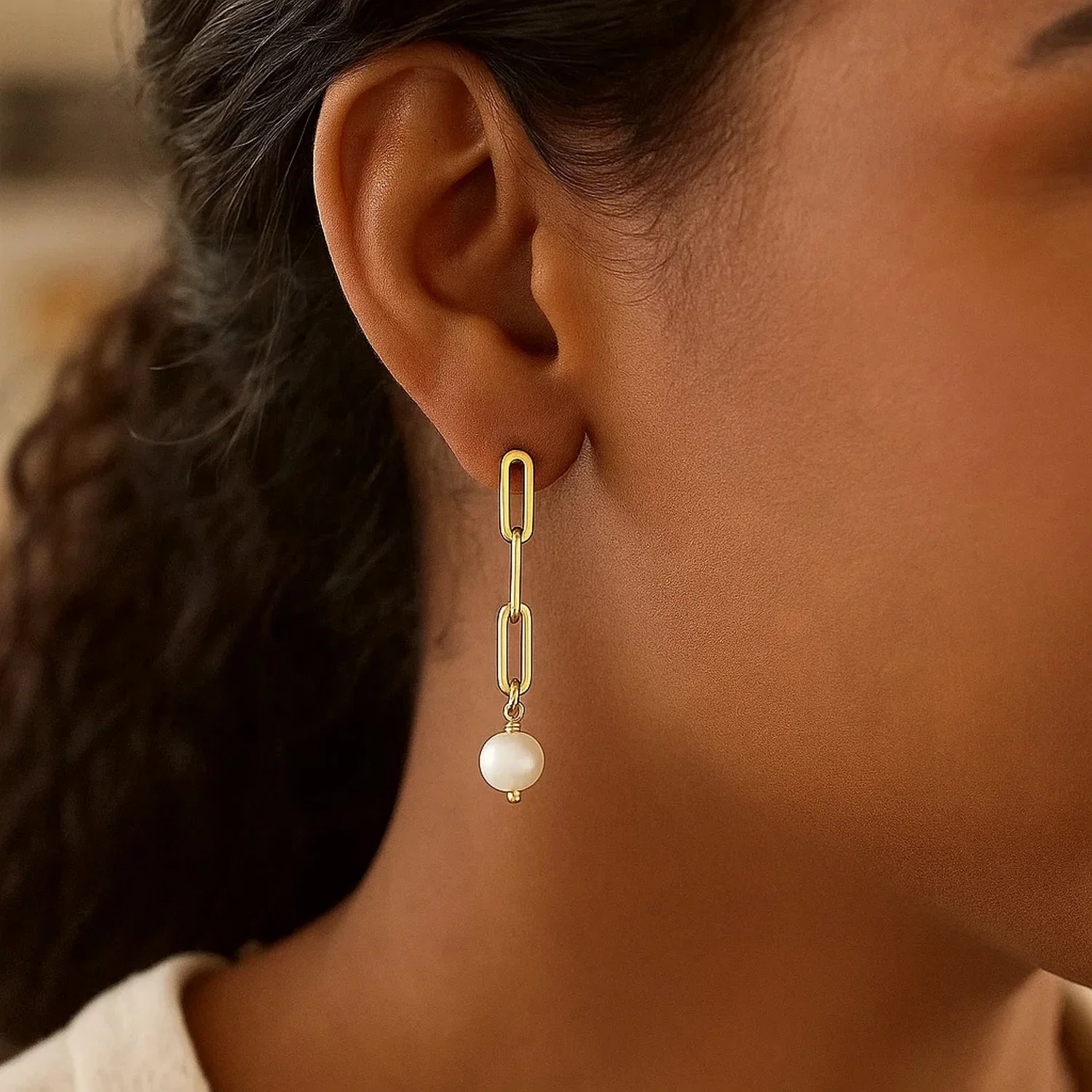 14k Yellow Gold Paperclip Chain Link Earrings with Pearls - Image 4