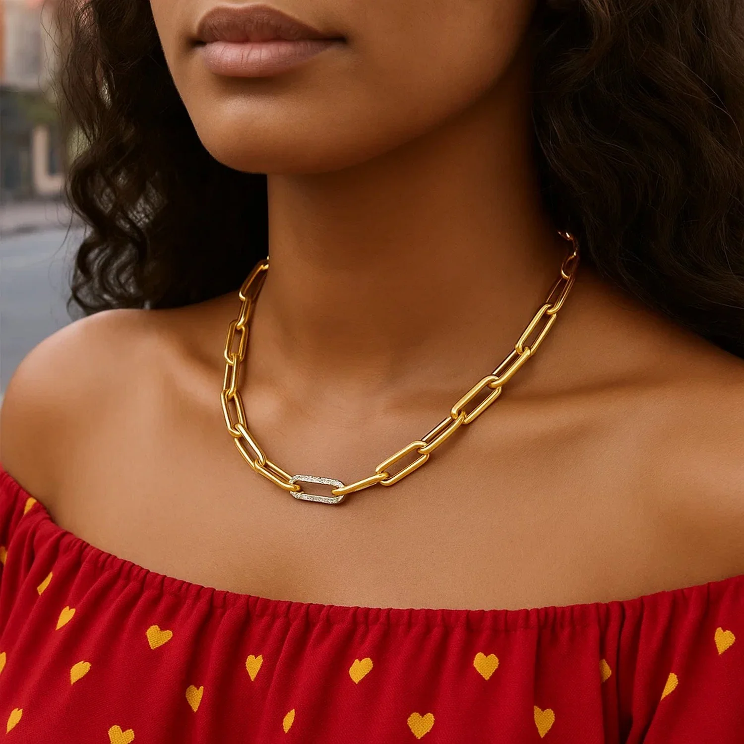 14k Yellow Gold Paperclip Chain Necklace with Diamond Link - Image 3