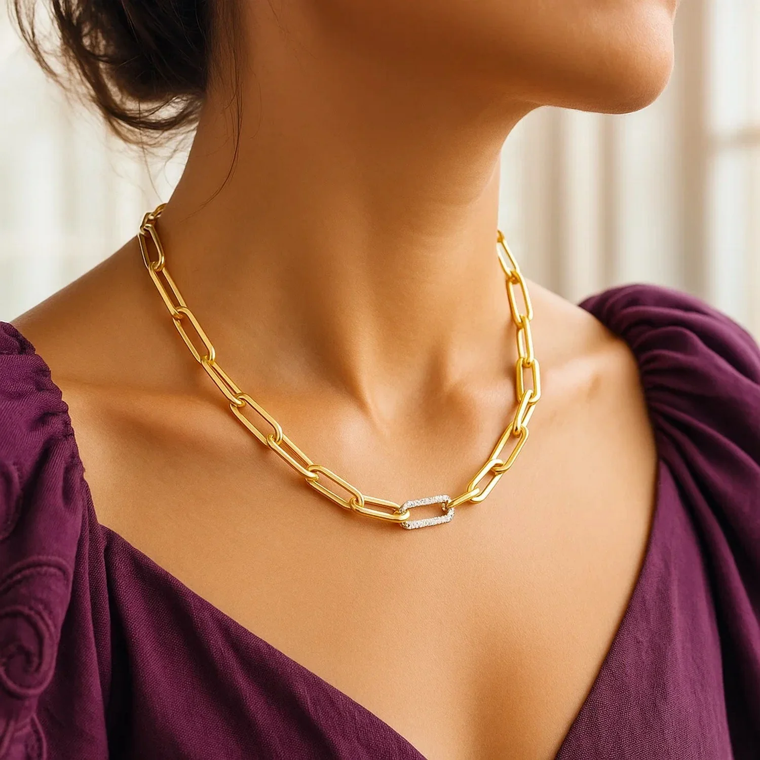 14k Yellow Gold Paperclip Chain Necklace with Diamond Link - Image 4