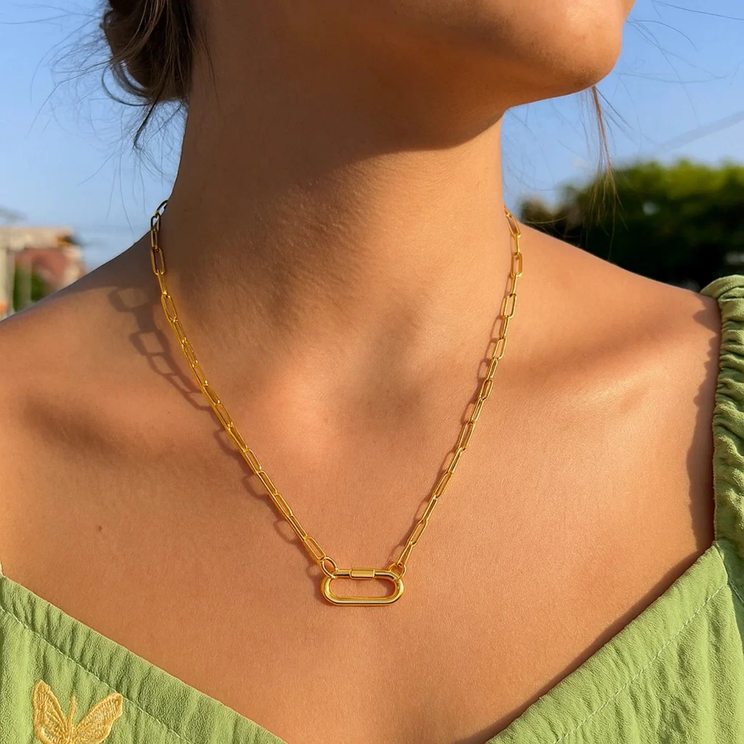 14k Yellow Gold Paperclip Chain Necklace with Oval Carabiner Clasp - Image 2